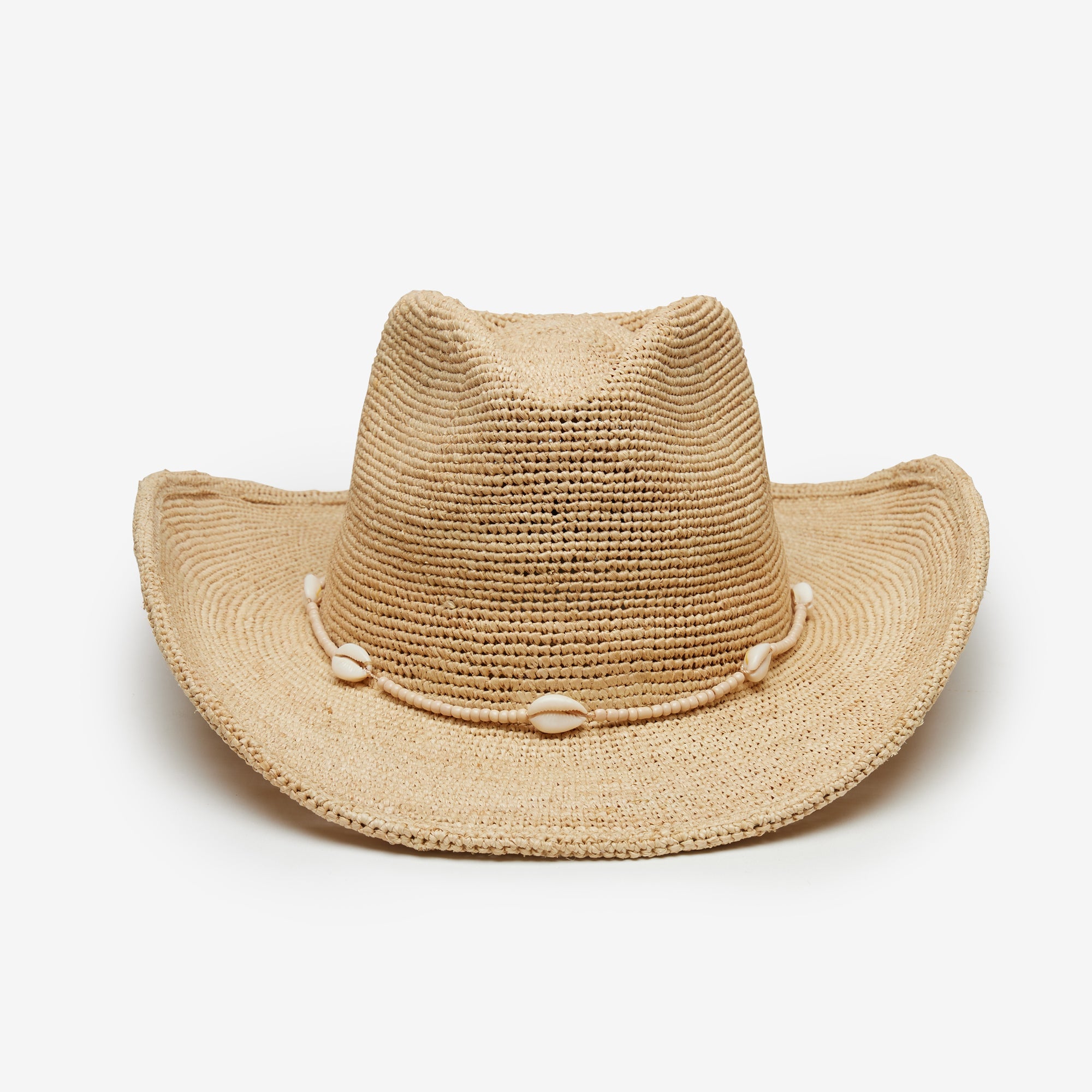Beige straw hat with a wide brim on a white background