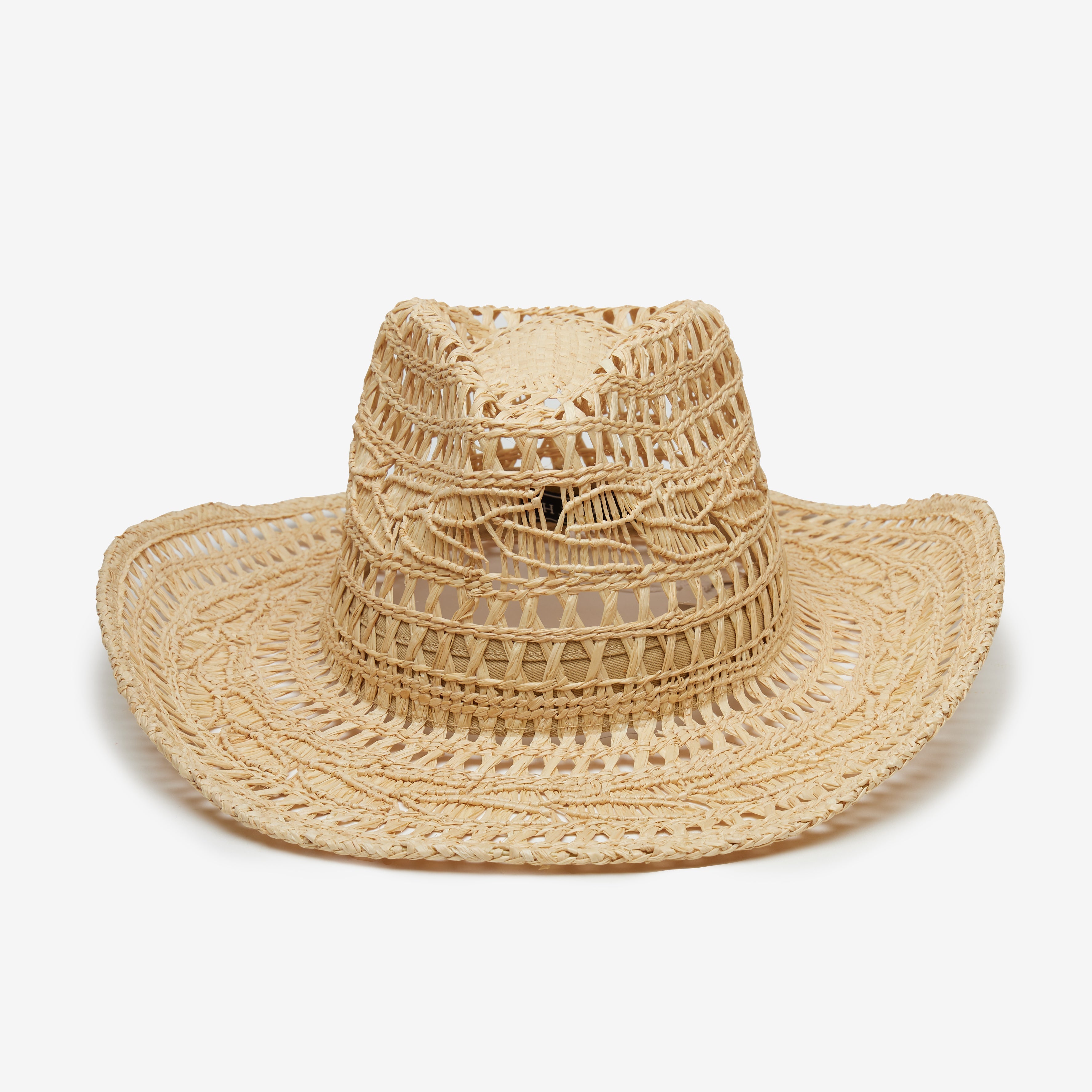 Beige straw hat with a wide brim on a white background