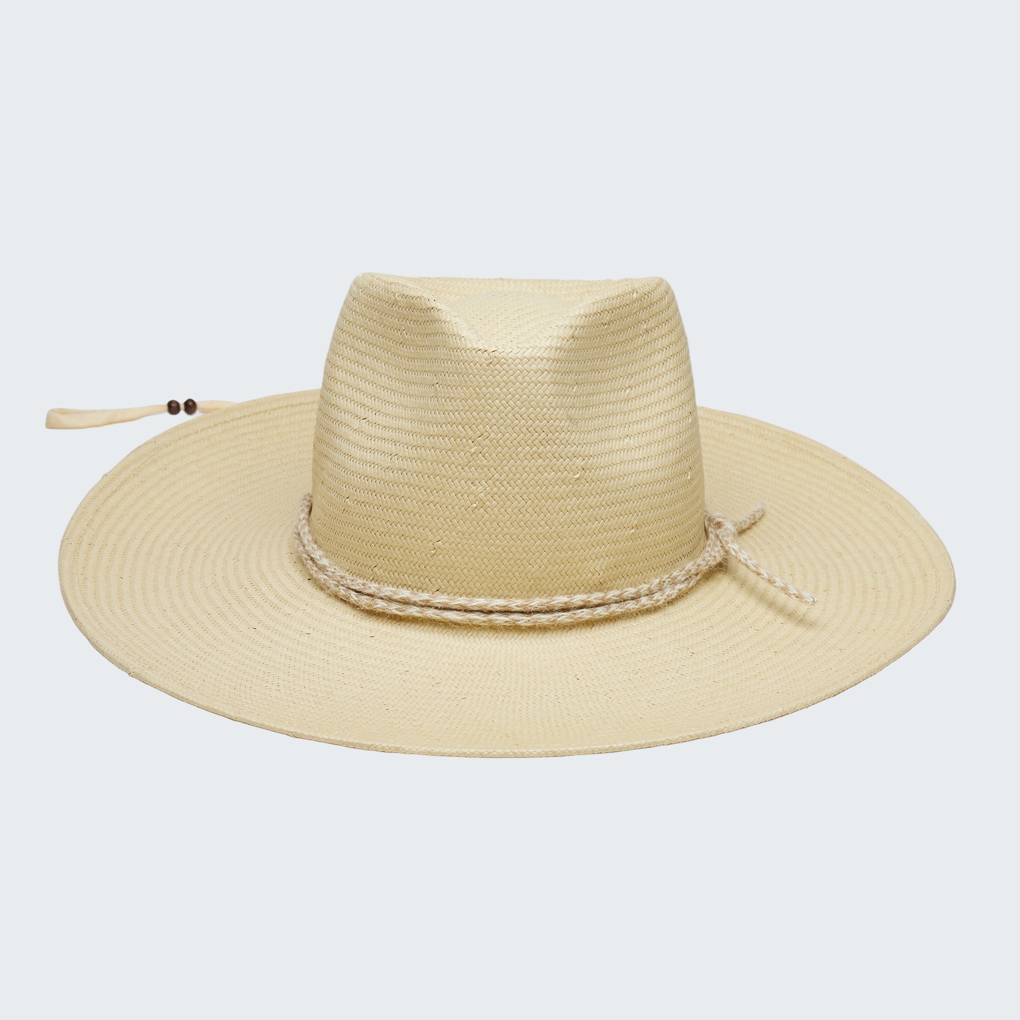 Beige straw hat with a wide brim on a white background