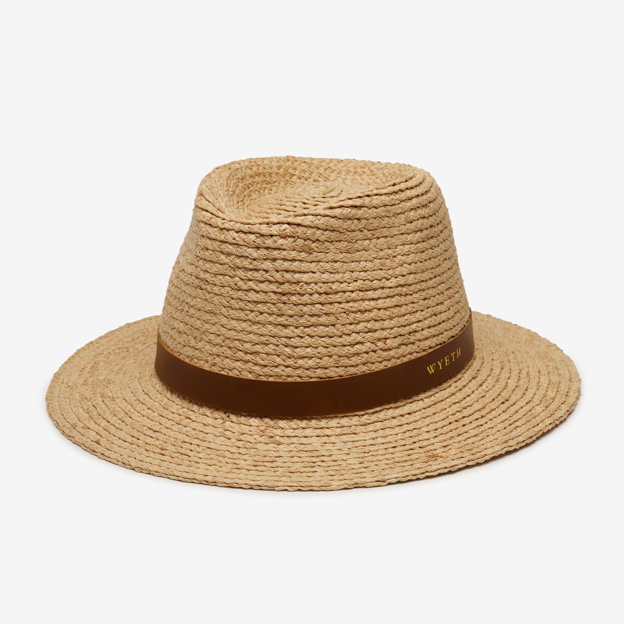 Beige straw hat with a brown band on a white background