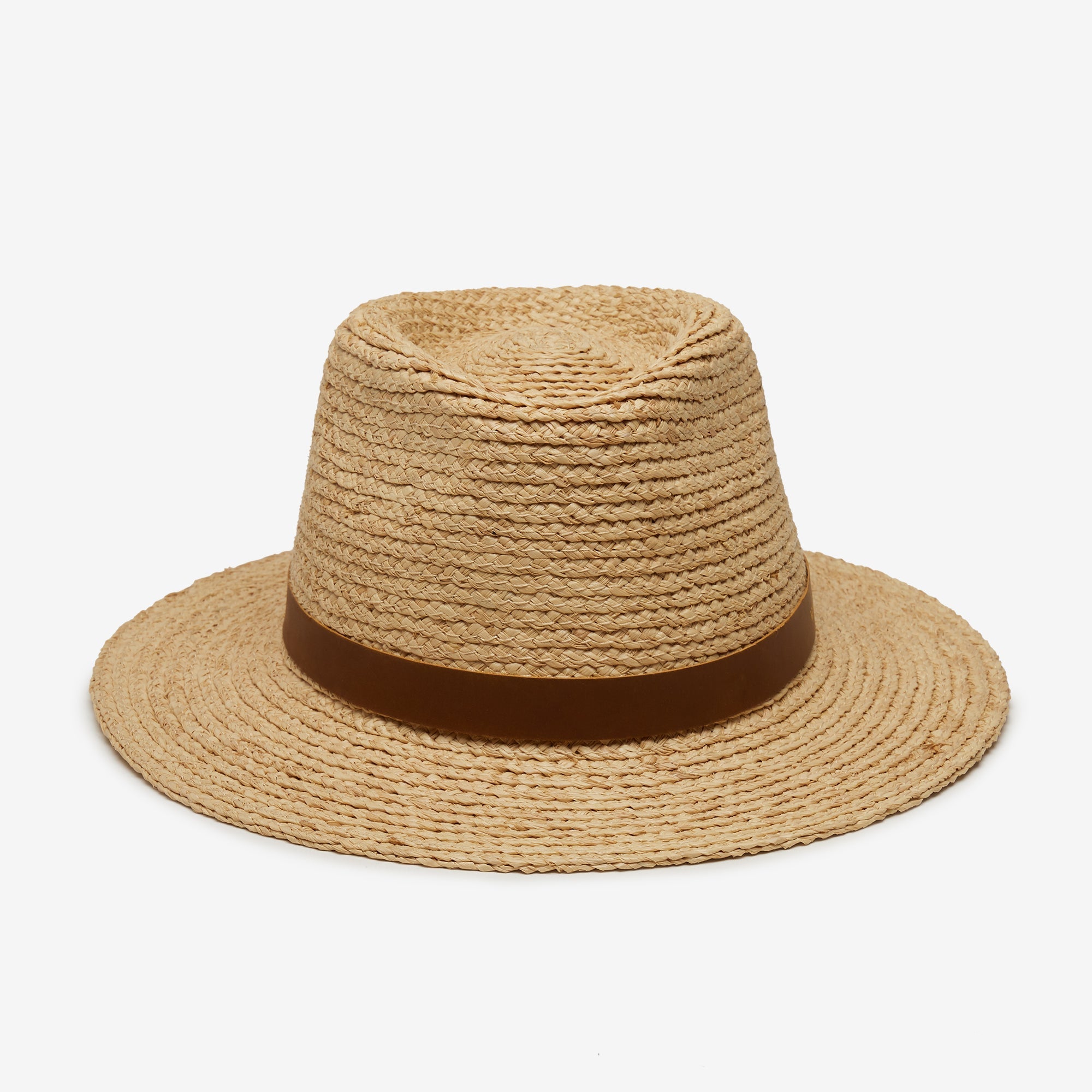 Beige straw hat with a brown band on a white background