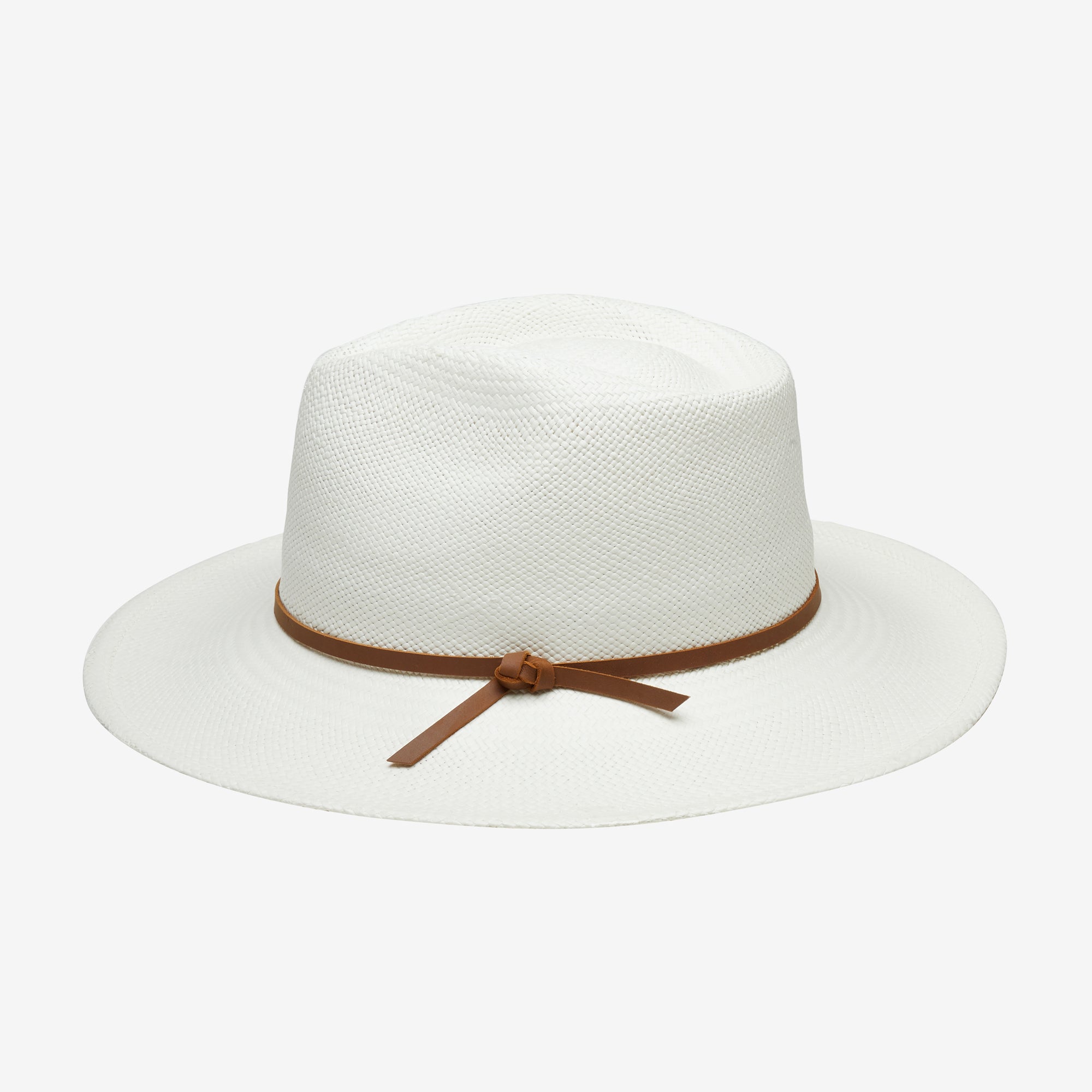 White straw hat with a brown band on a light gray background