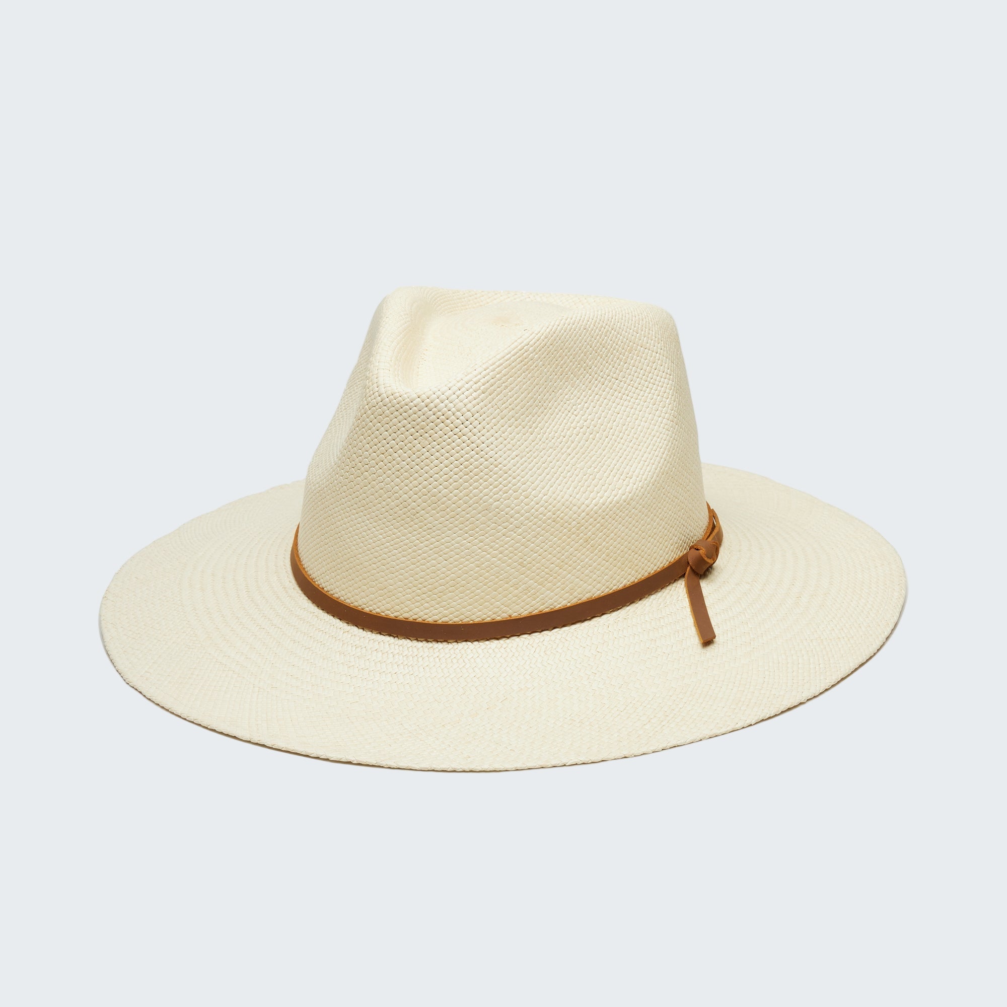 Beige straw hat with brown band on a white background