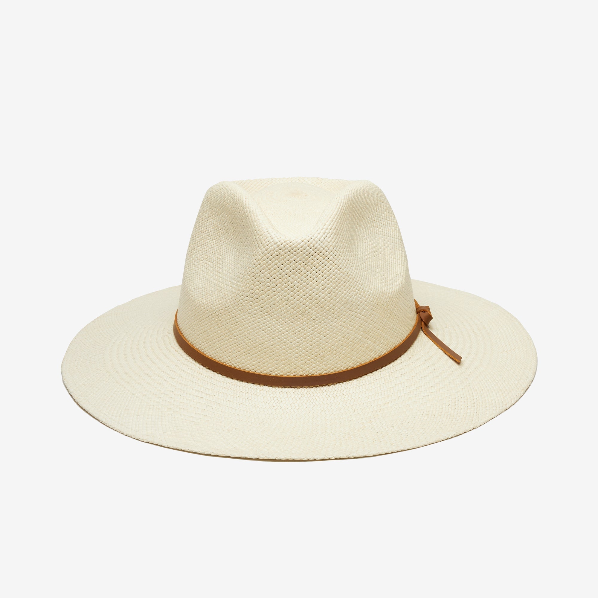 Beige straw hat with brown band on a white background