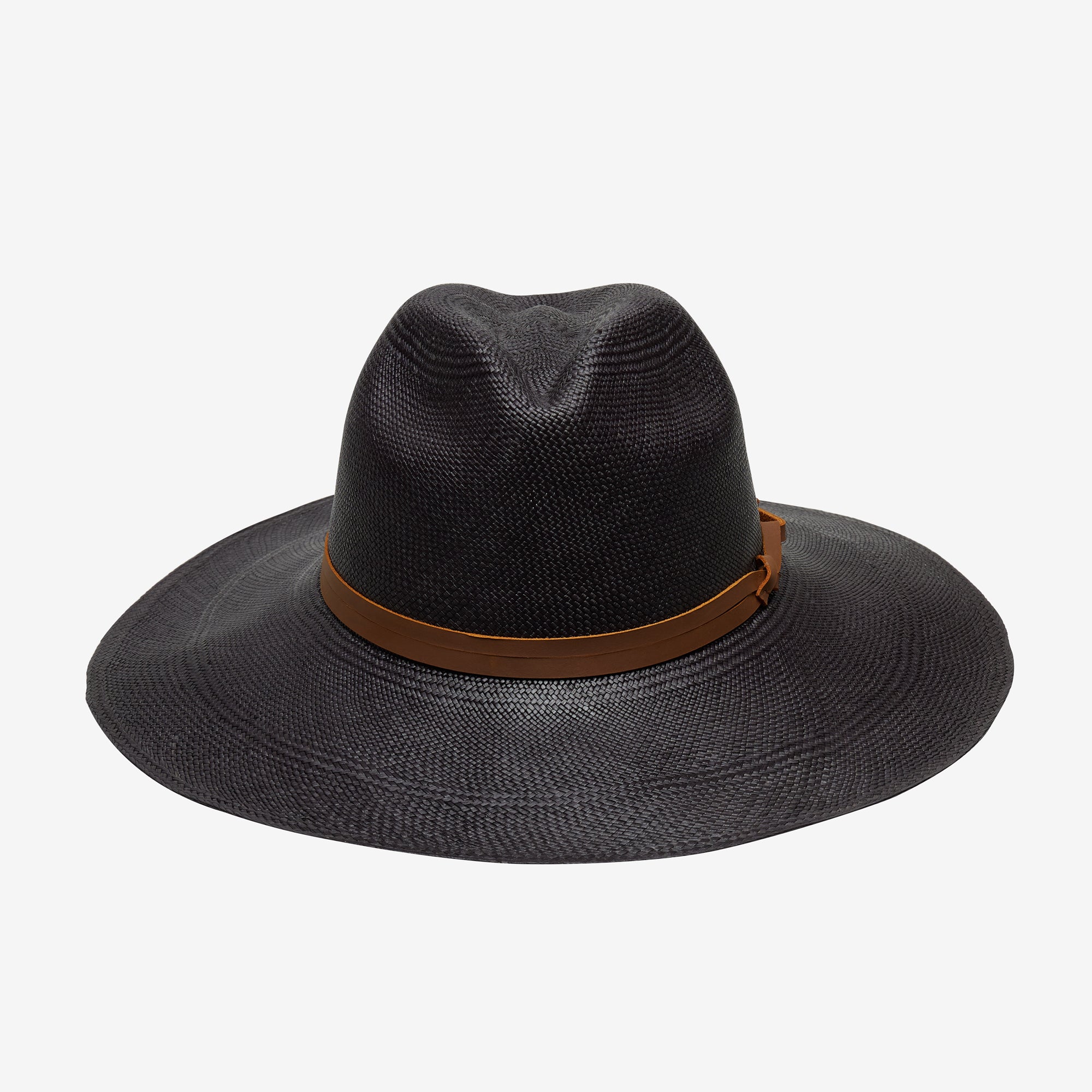 Black fedora hat with a brown band on a white background