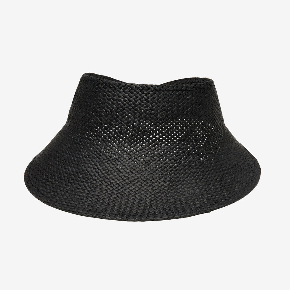 Black woven visor hat on a white background