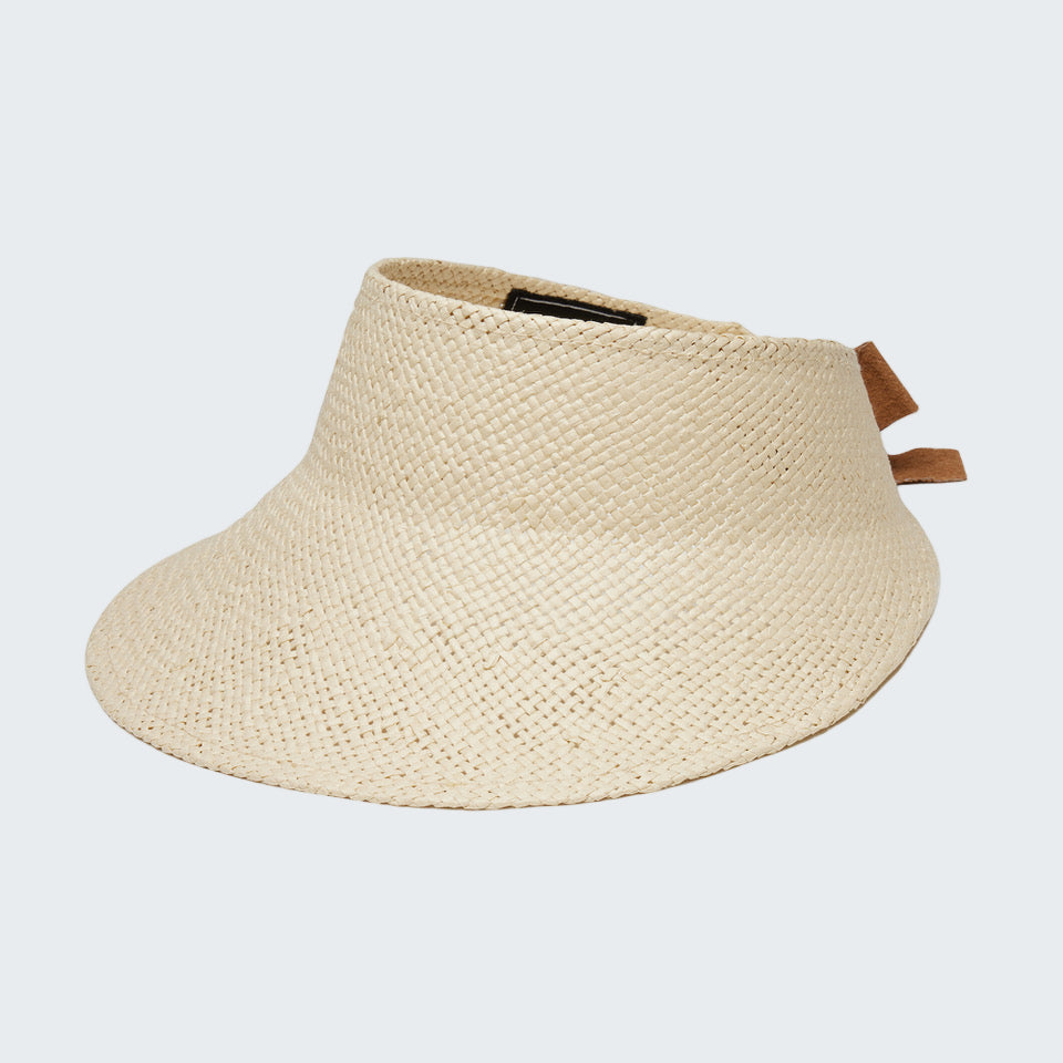 Beige straw visor with brown strap on a white background