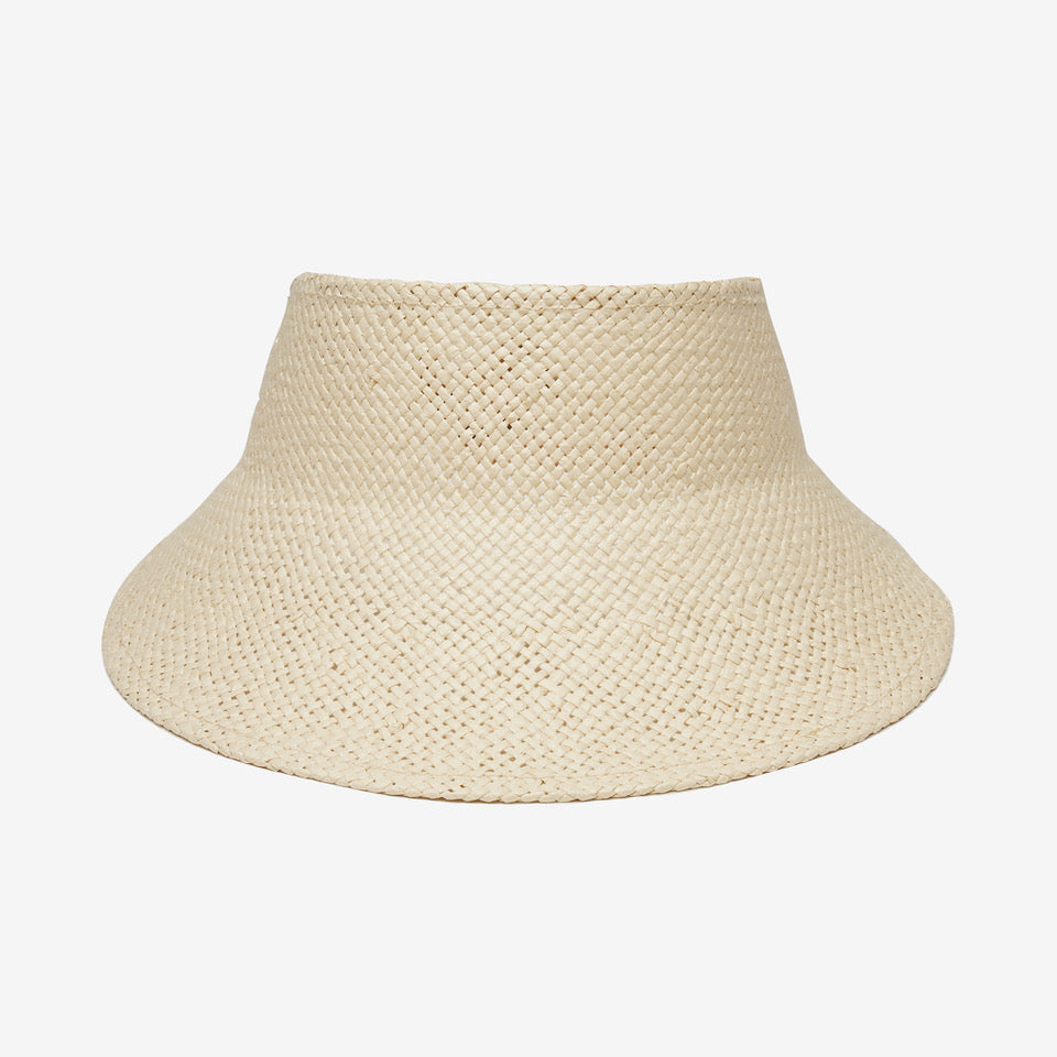 Beige woven sun hat on a white background