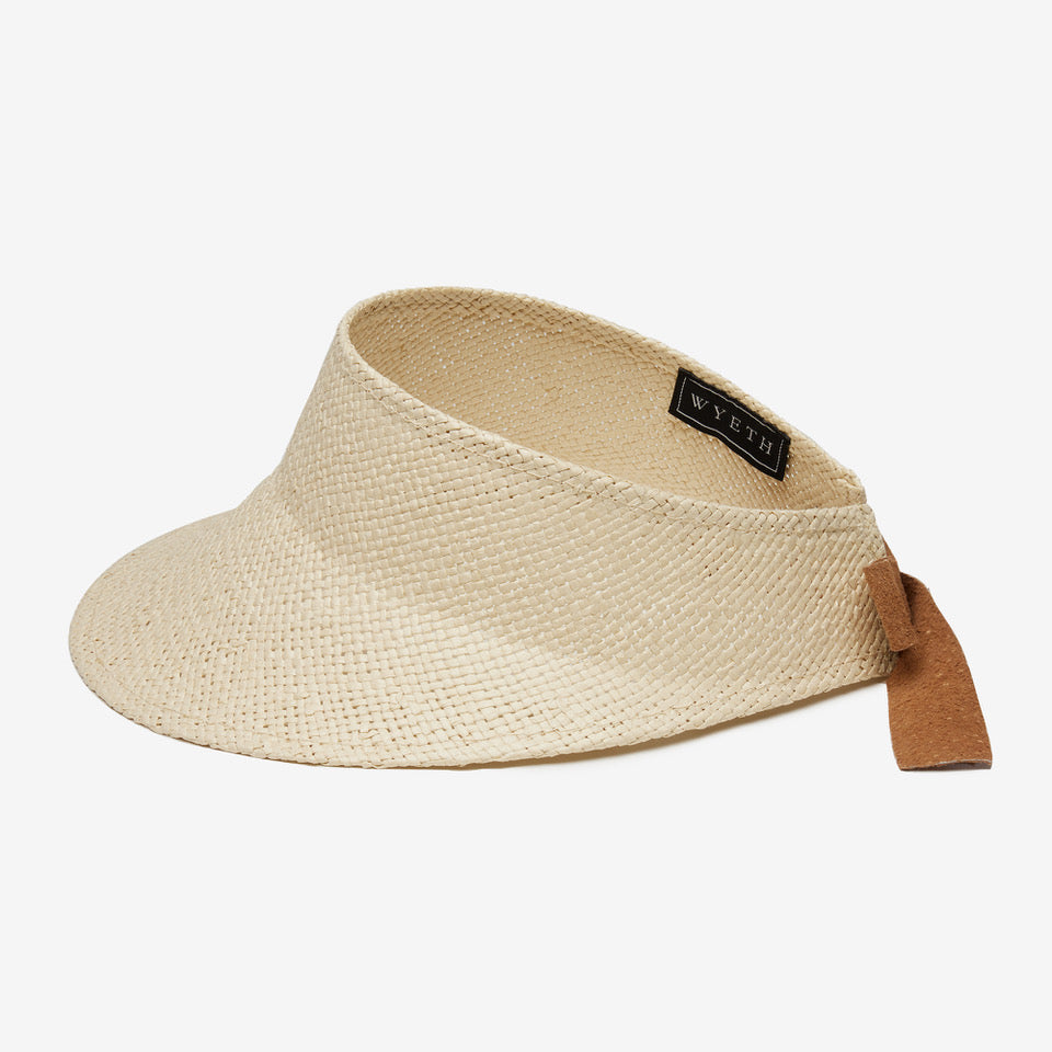Beige visor hat with brown ribbon and visible brand logo on a white background