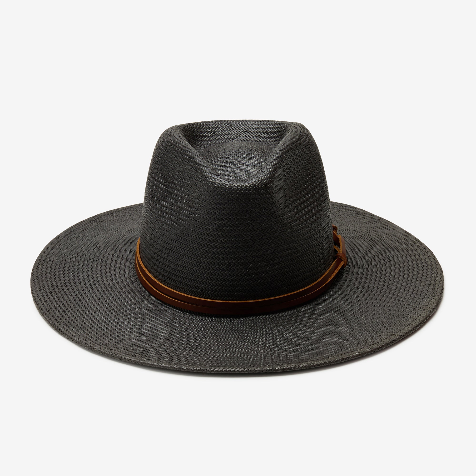 Black straw hat with a brown band on a light gray background
