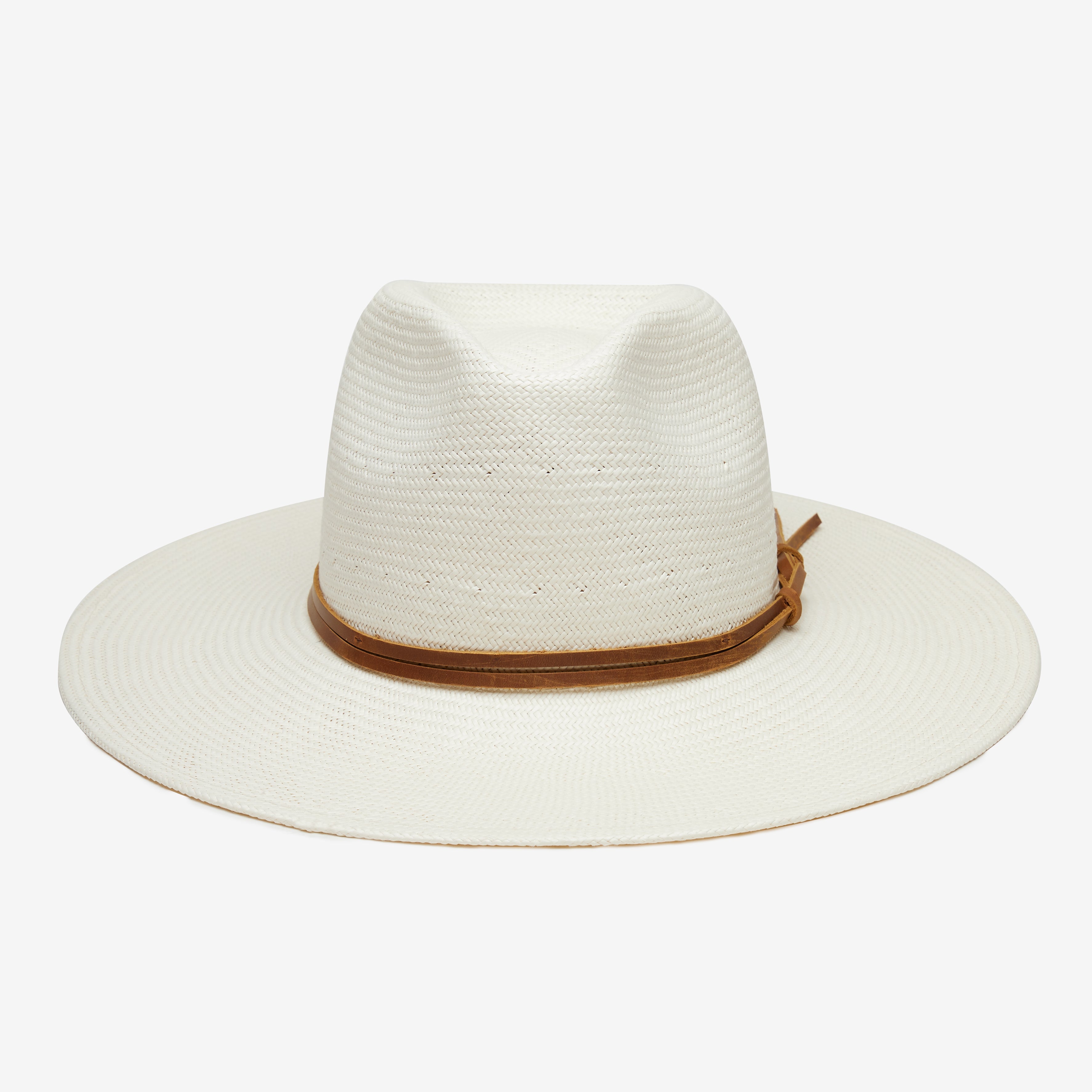 White straw hat with a brown band on a white background