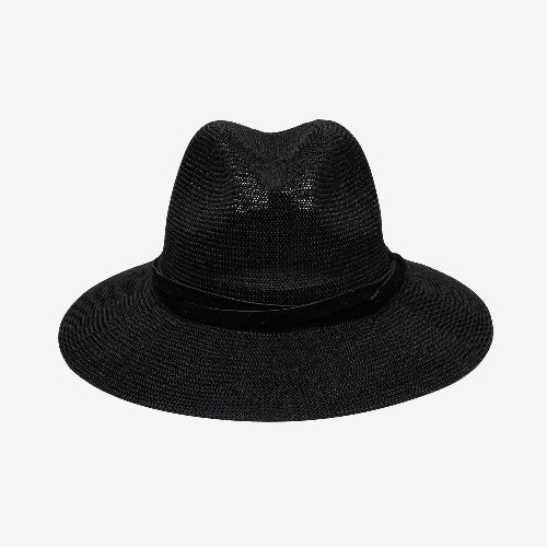 Black fedora hat on a light gray background