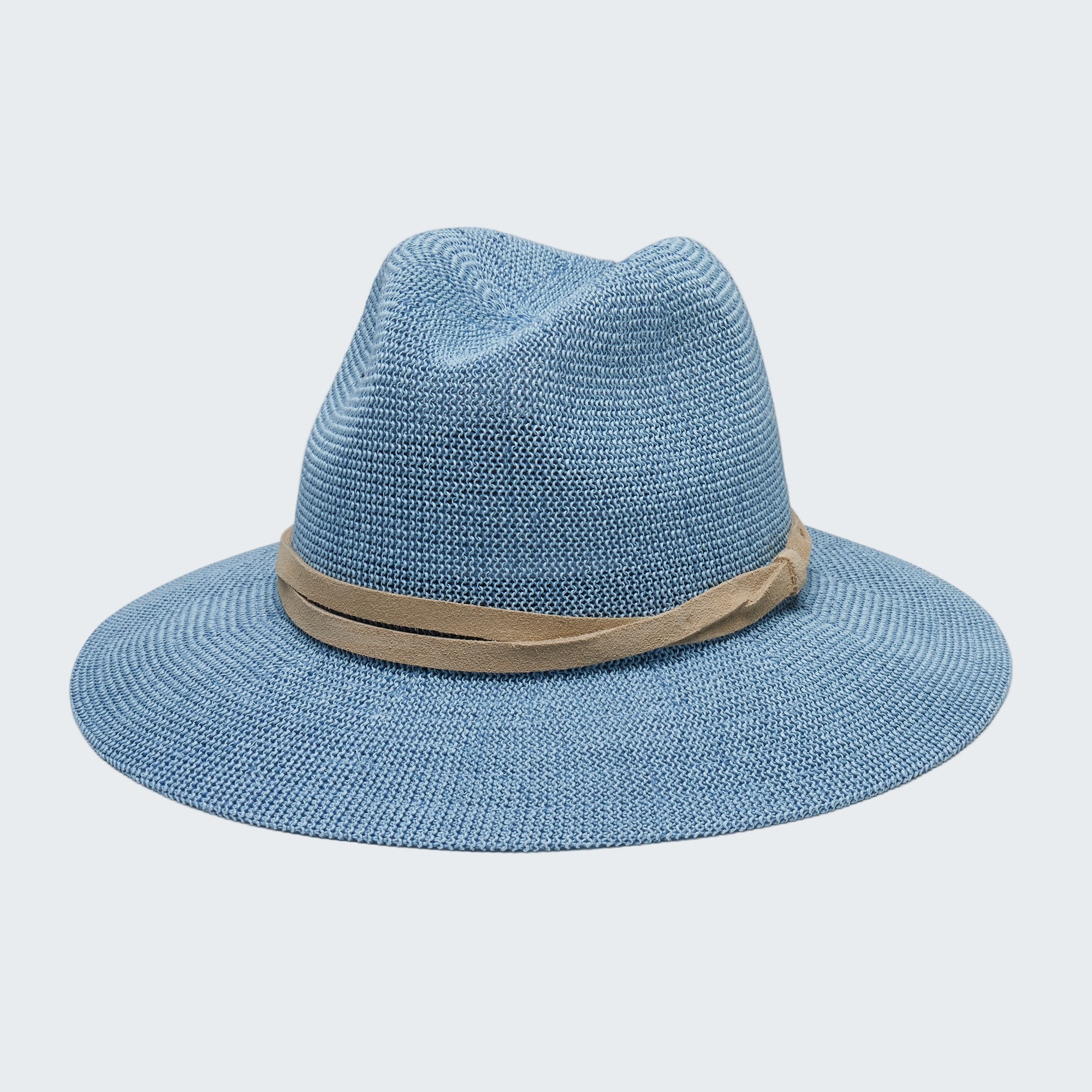 Blue straw hat with a brown band on a white background