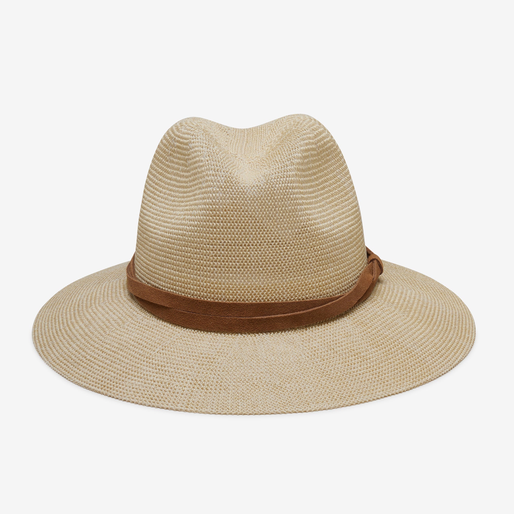 Beige straw hat with a brown band on a white background