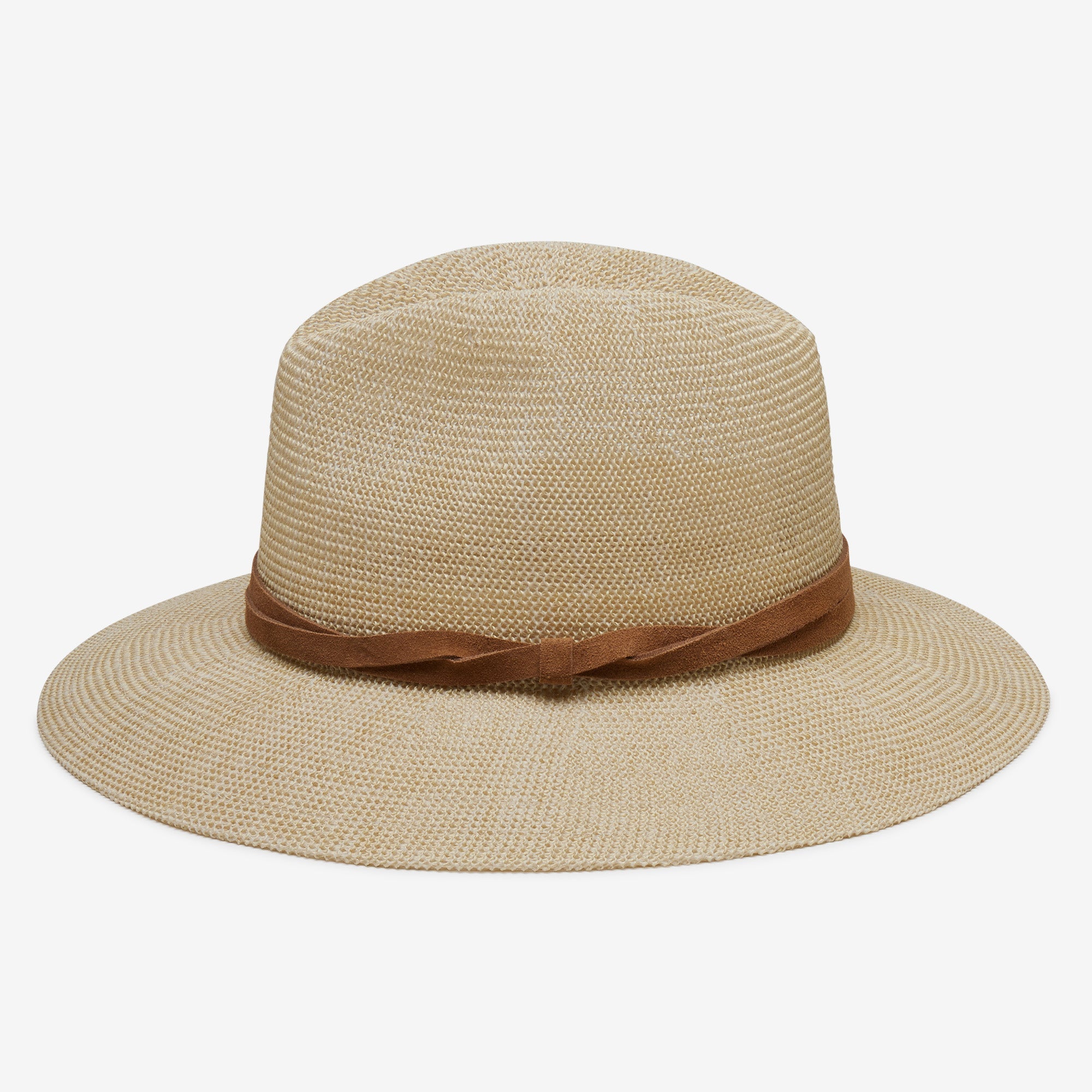 Beige straw hat with a brown band on a white background