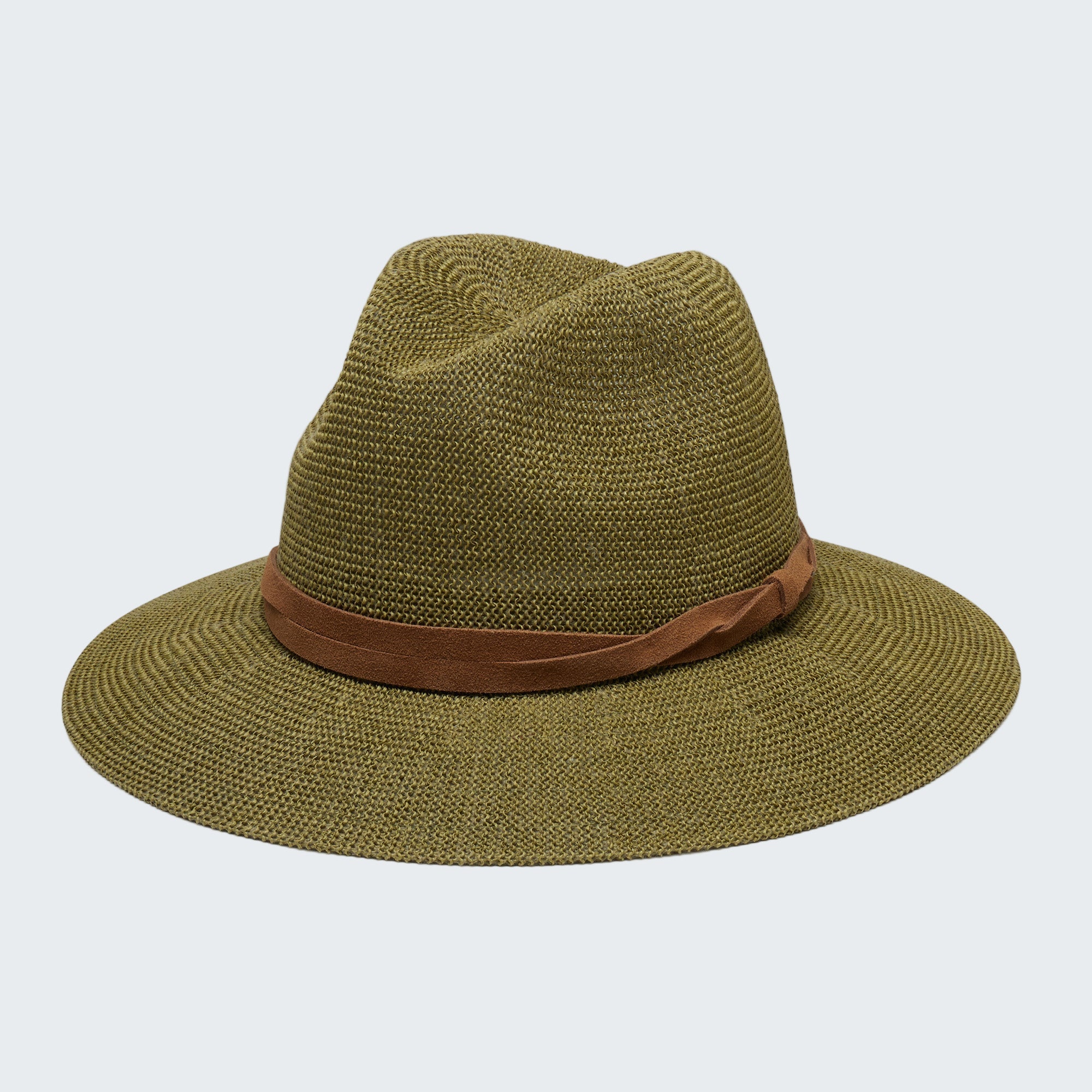 Green straw hat with a brown band on a white background