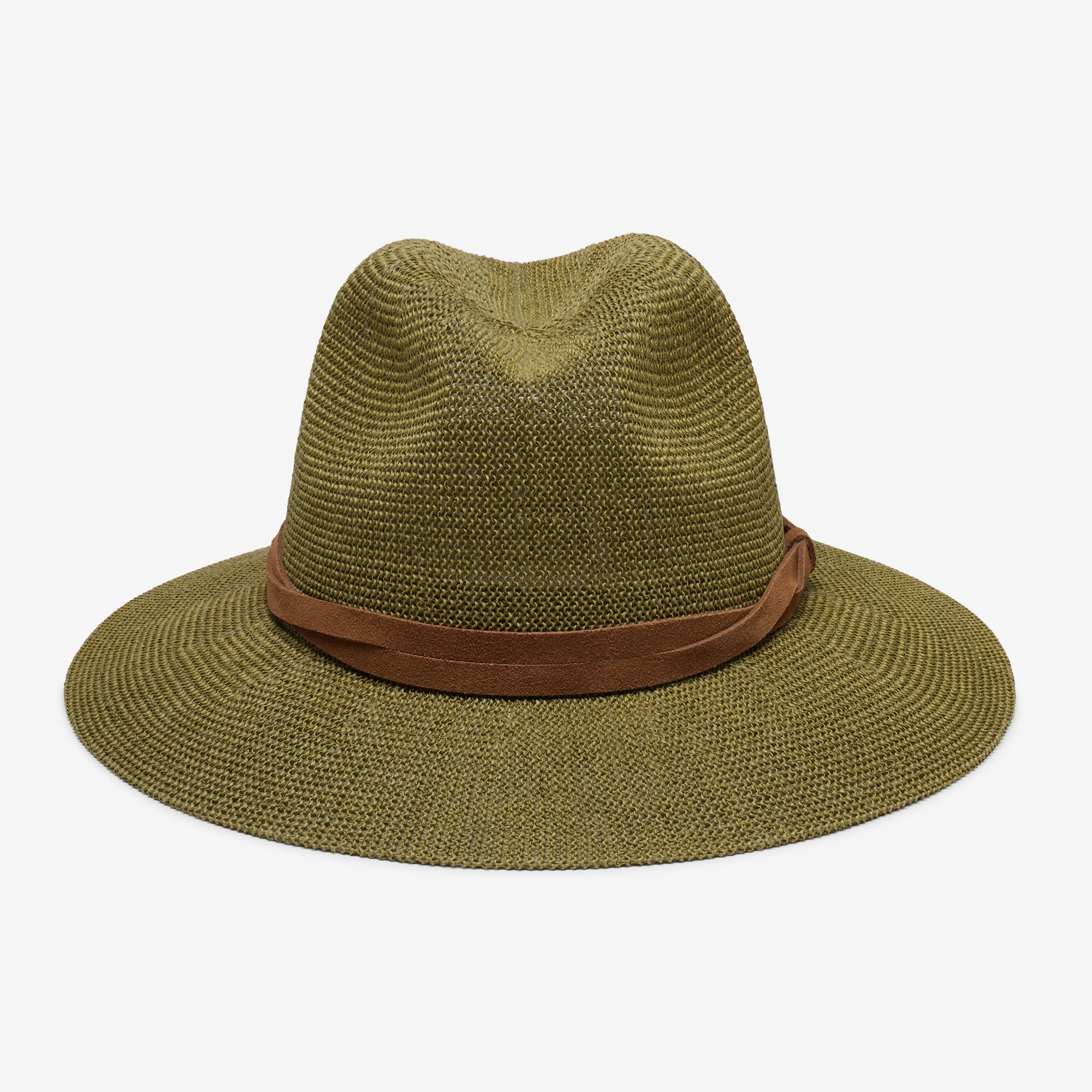 Green straw hat with a brown band on a white background