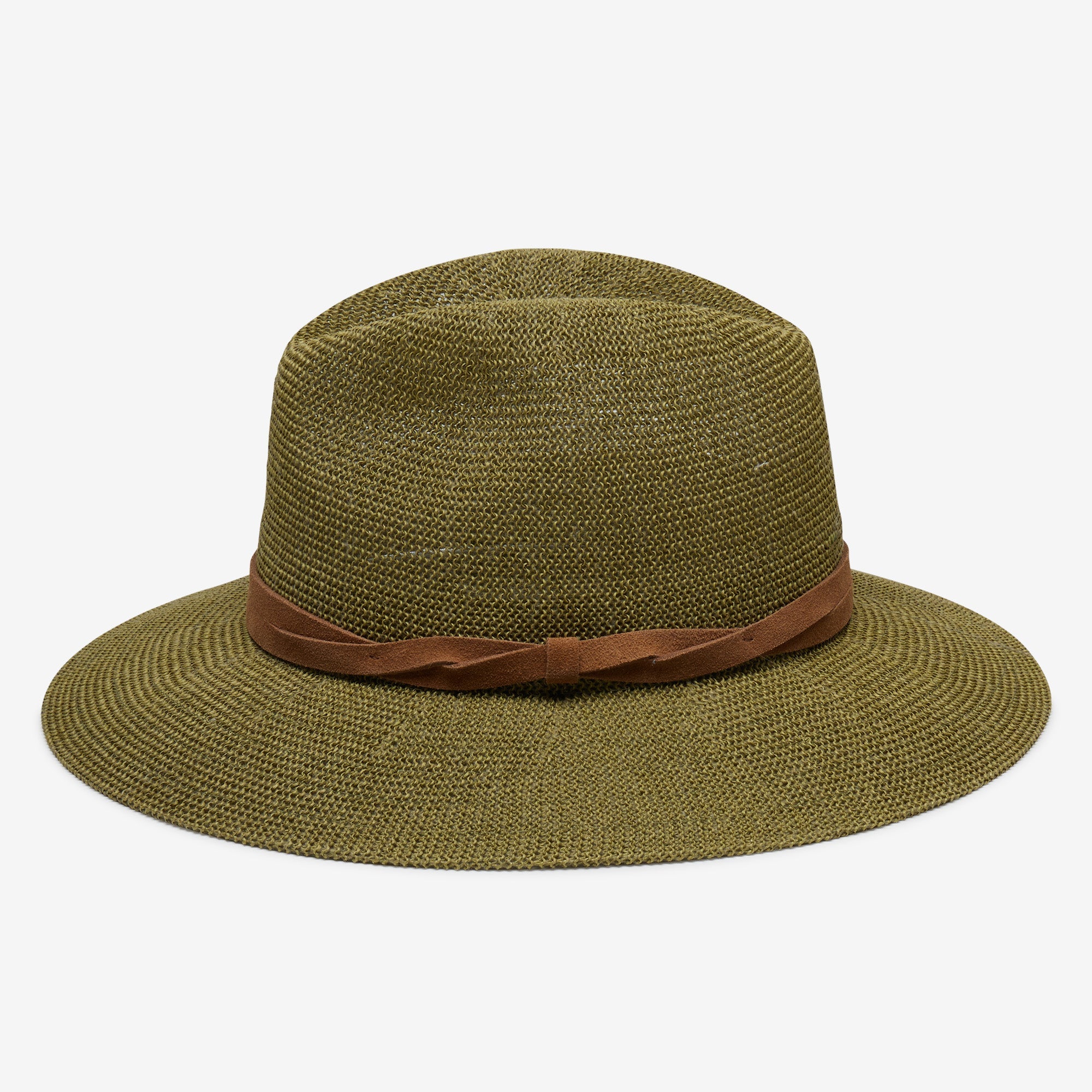 Green straw hat with a brown band on a white background