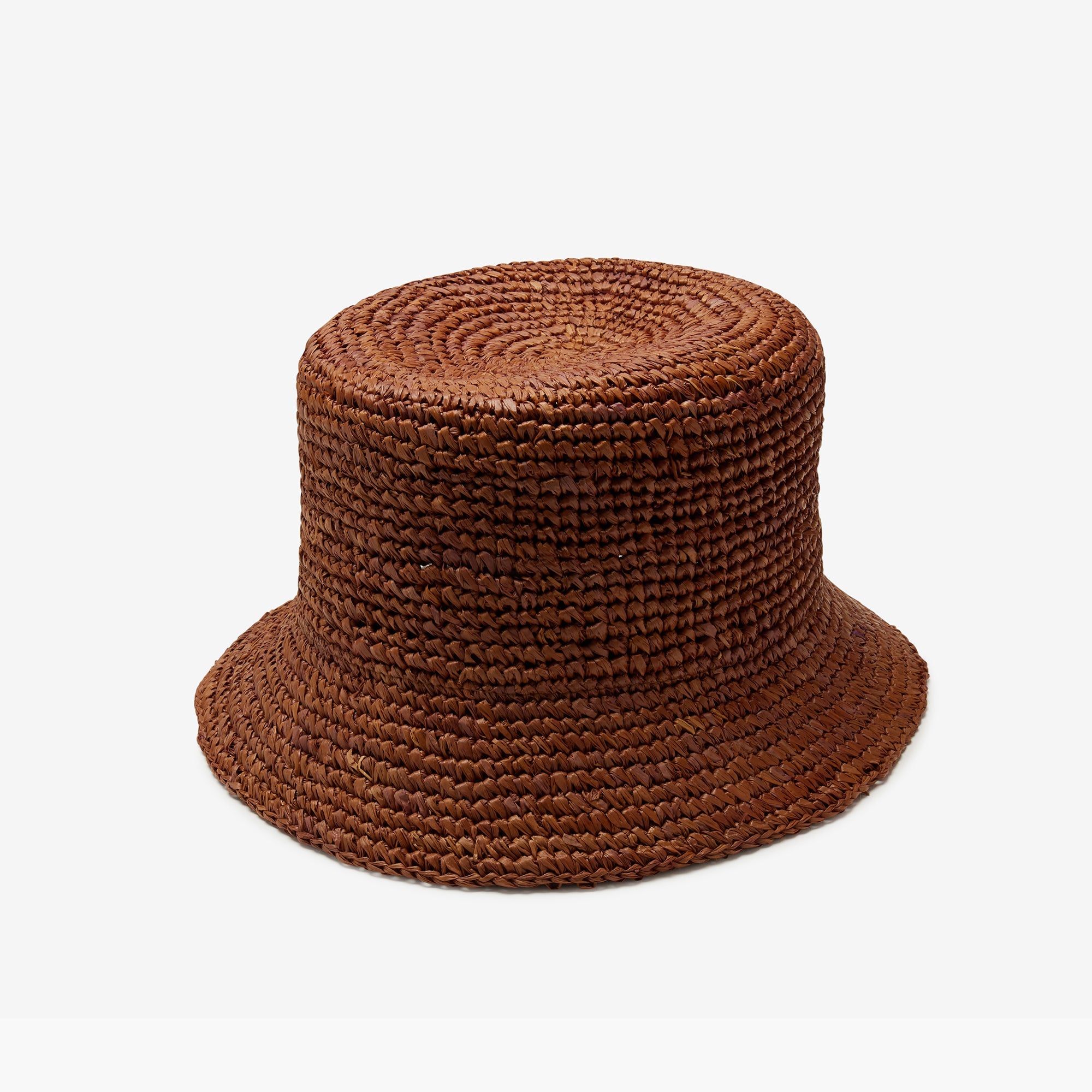 Brown woven bucket hat on a white background