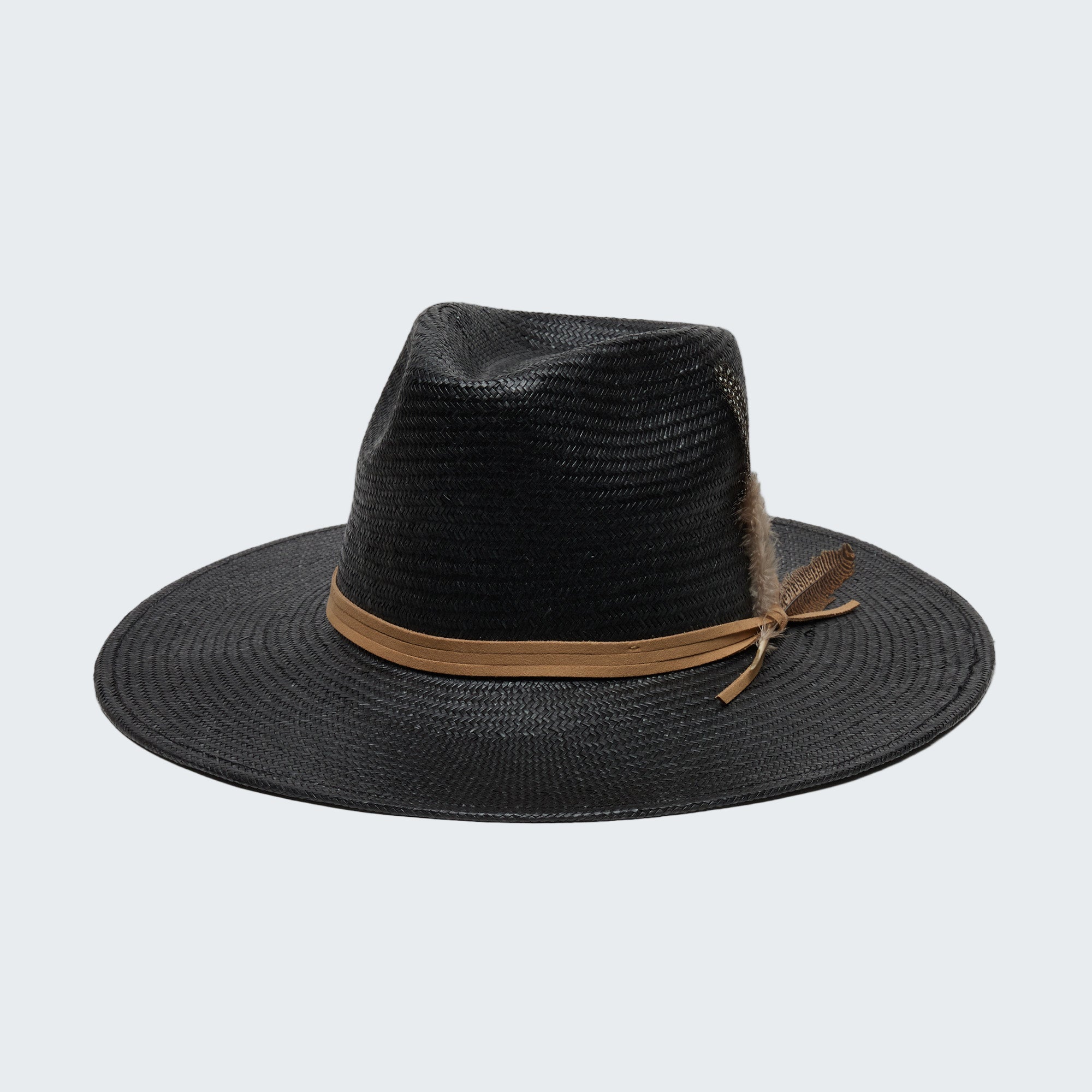 Black straw hat with a brown band on a white background