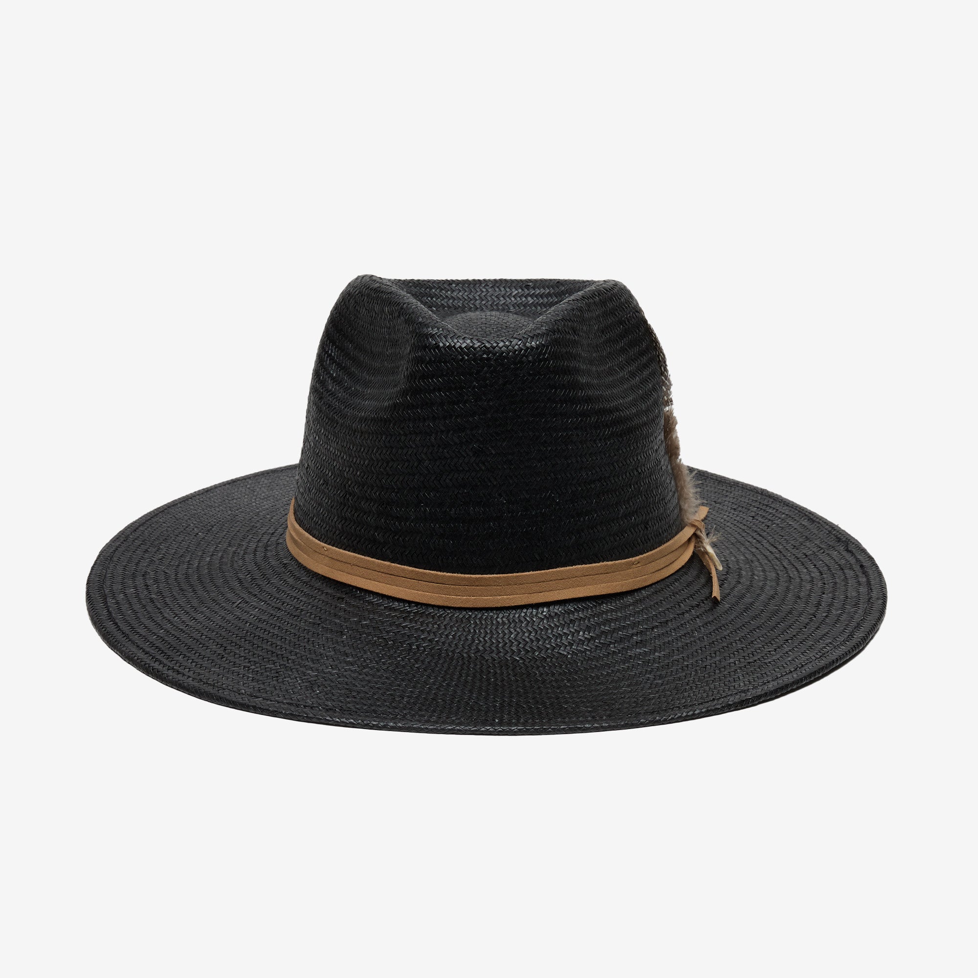 Black straw hat with a brown band on a white background