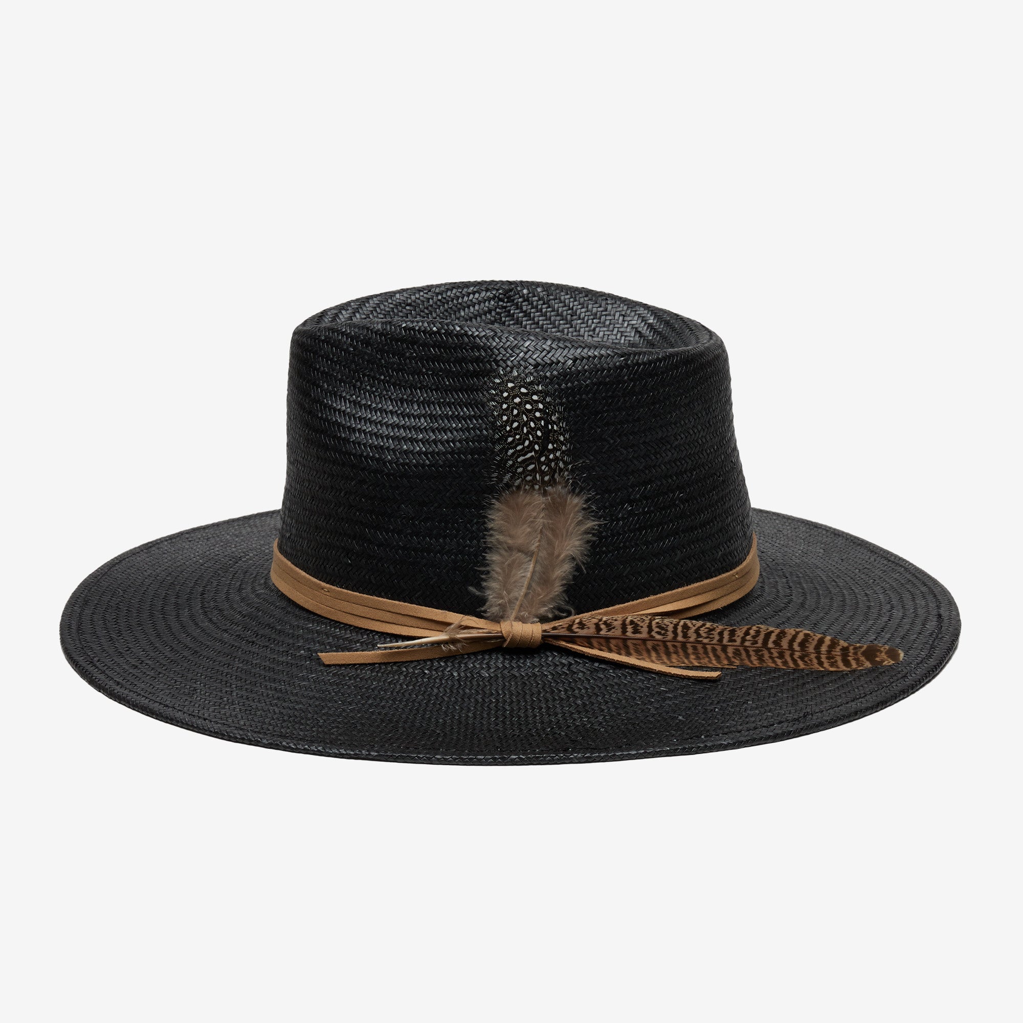 Black straw hat with a brown ribbon and feathers on a white background