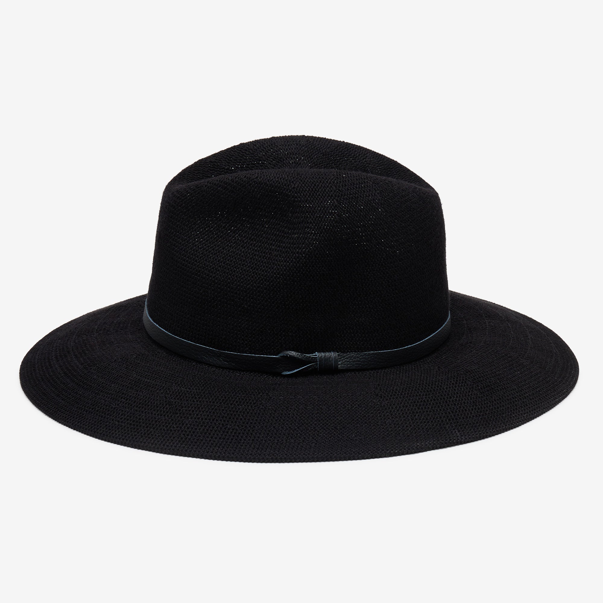 Black wide-brimmed hat with a ribbon on a white background