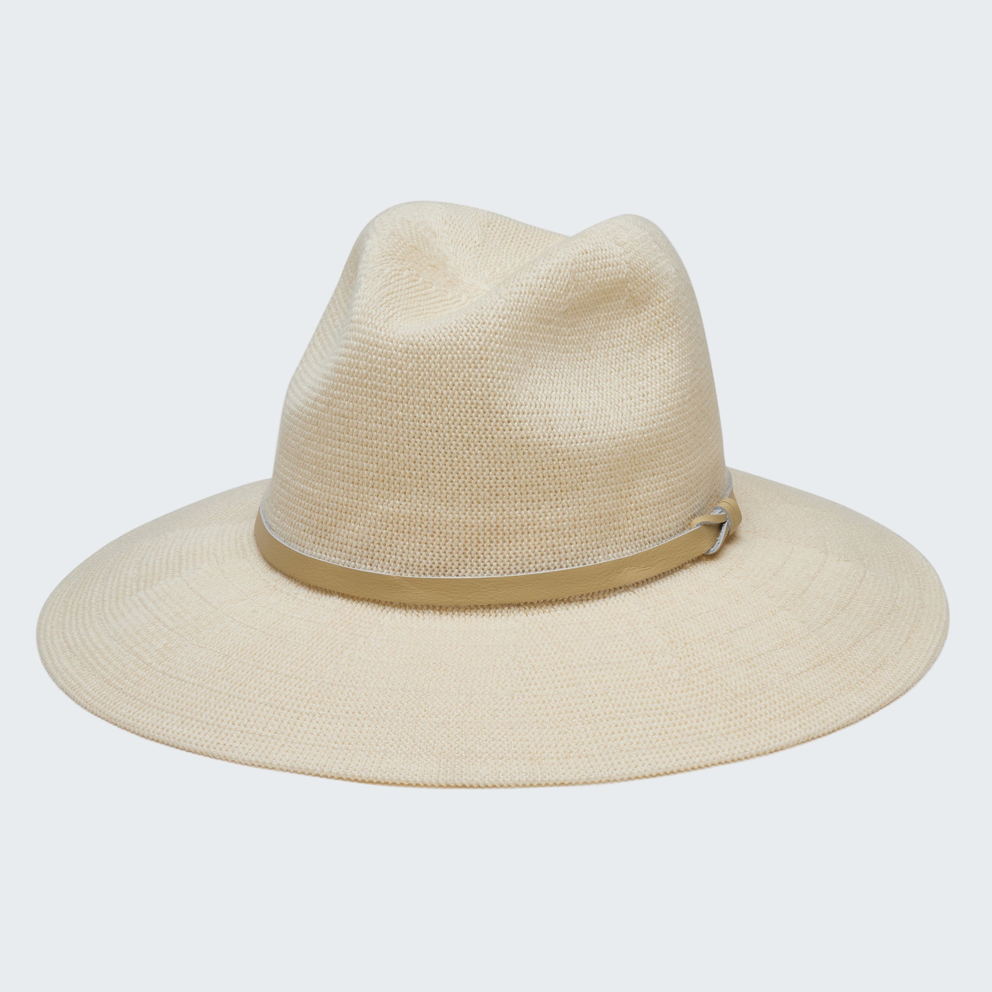 Beige straw hat with a brown band on a white background