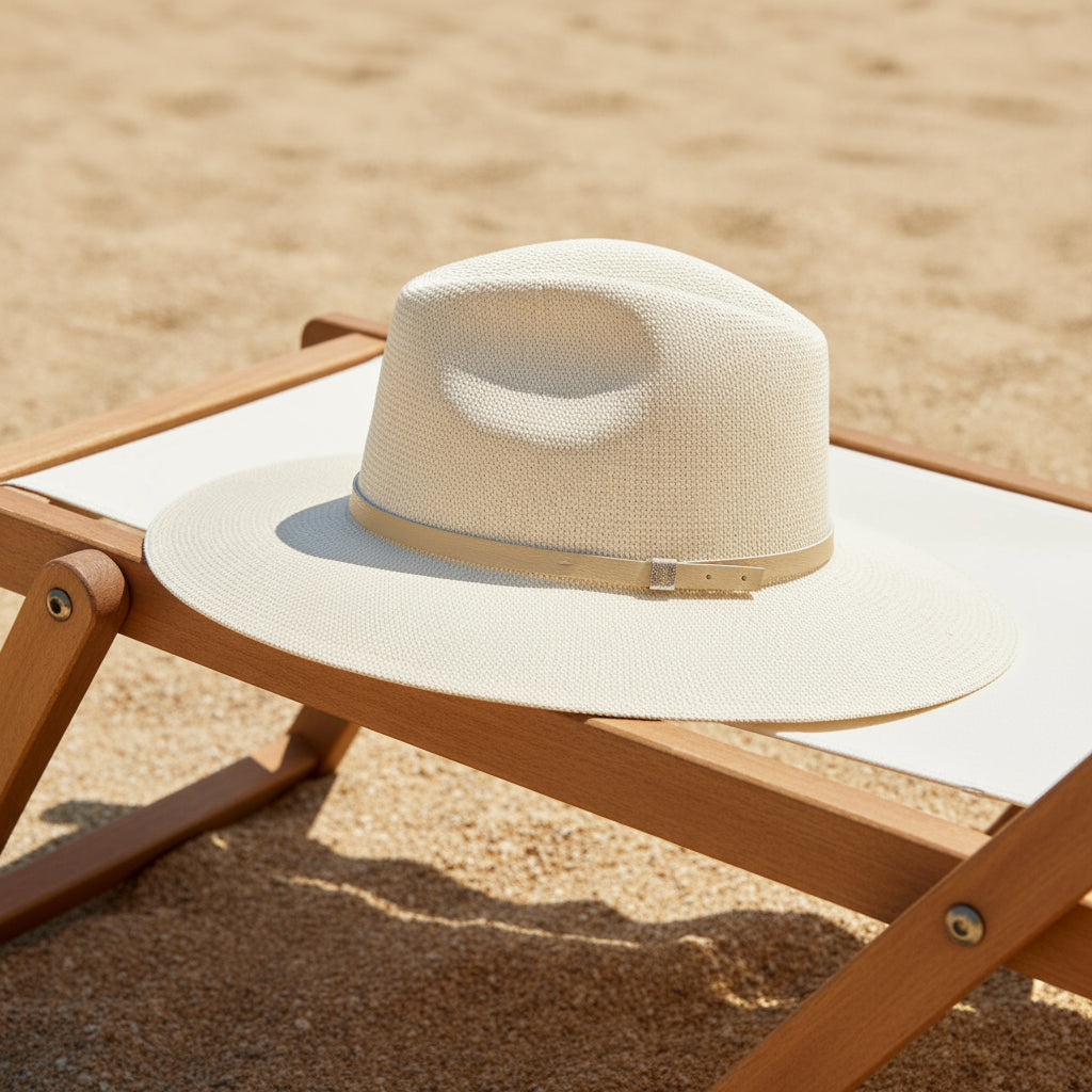 Beige straw hat with a band on a white background