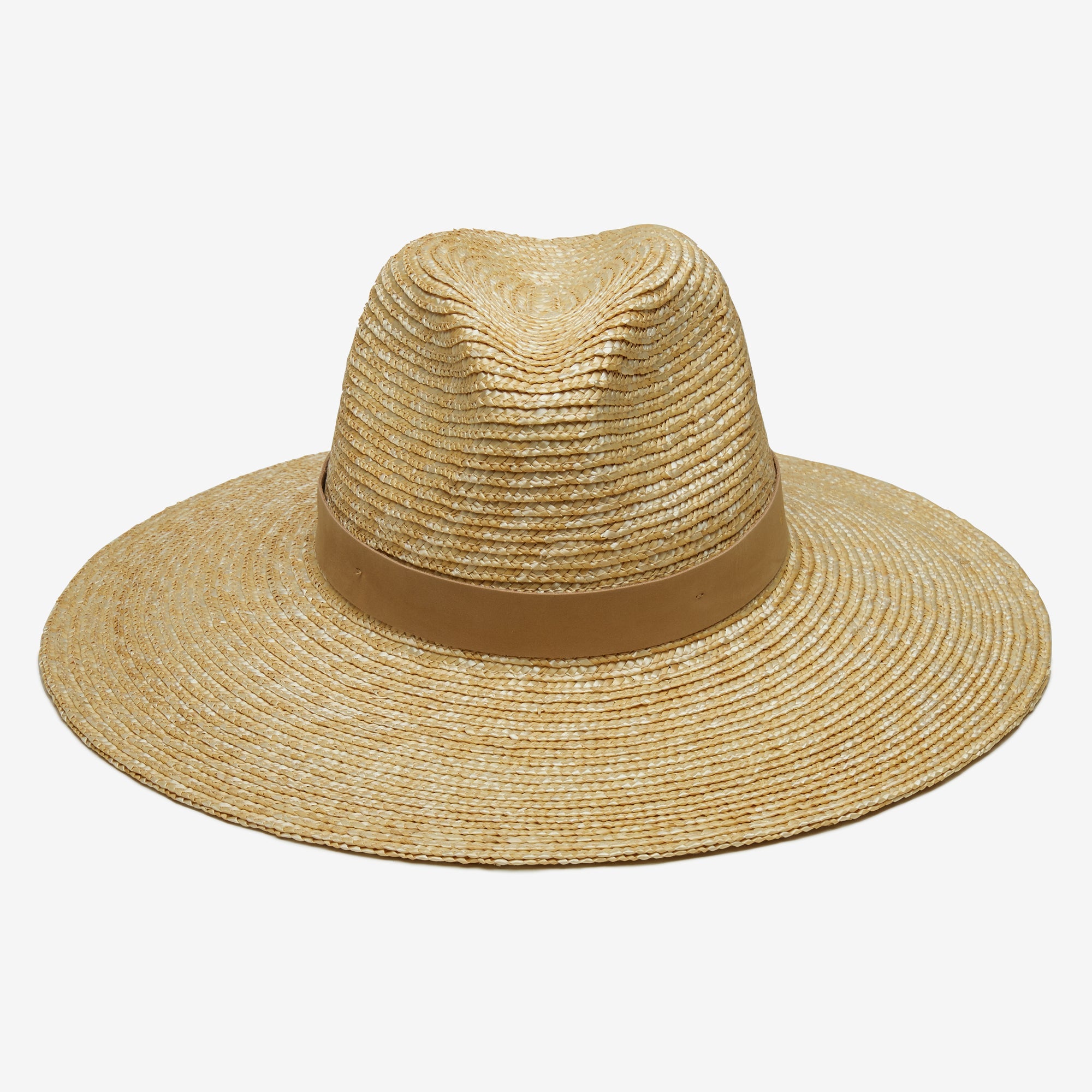 Beige straw hat with a wide brim on a white background