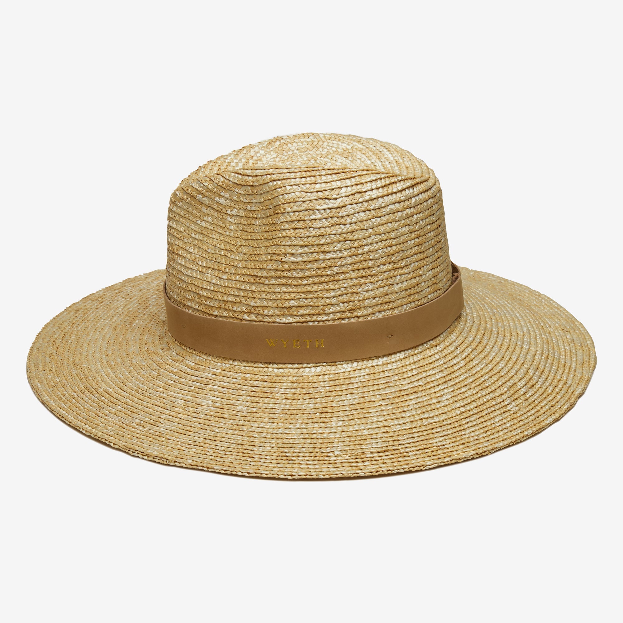 Beige straw hat with a brown band on a white background
