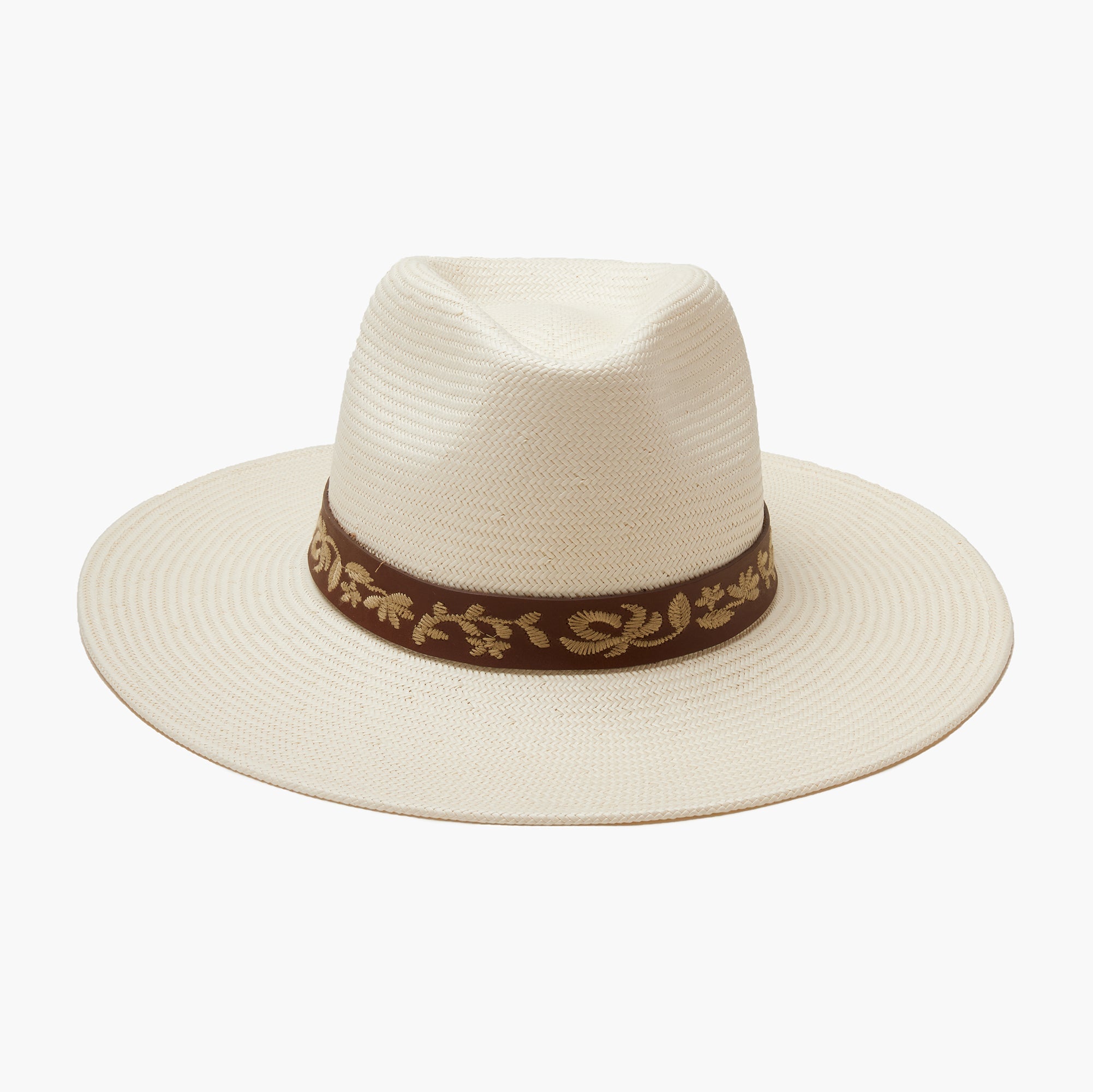 Beige straw hat with a brown band featuring gold text on a white background
