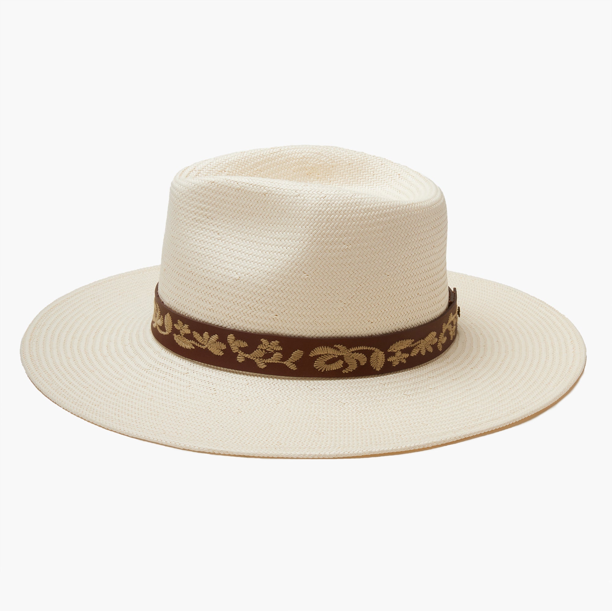 Beige straw hat with a decorative brown band on a white background