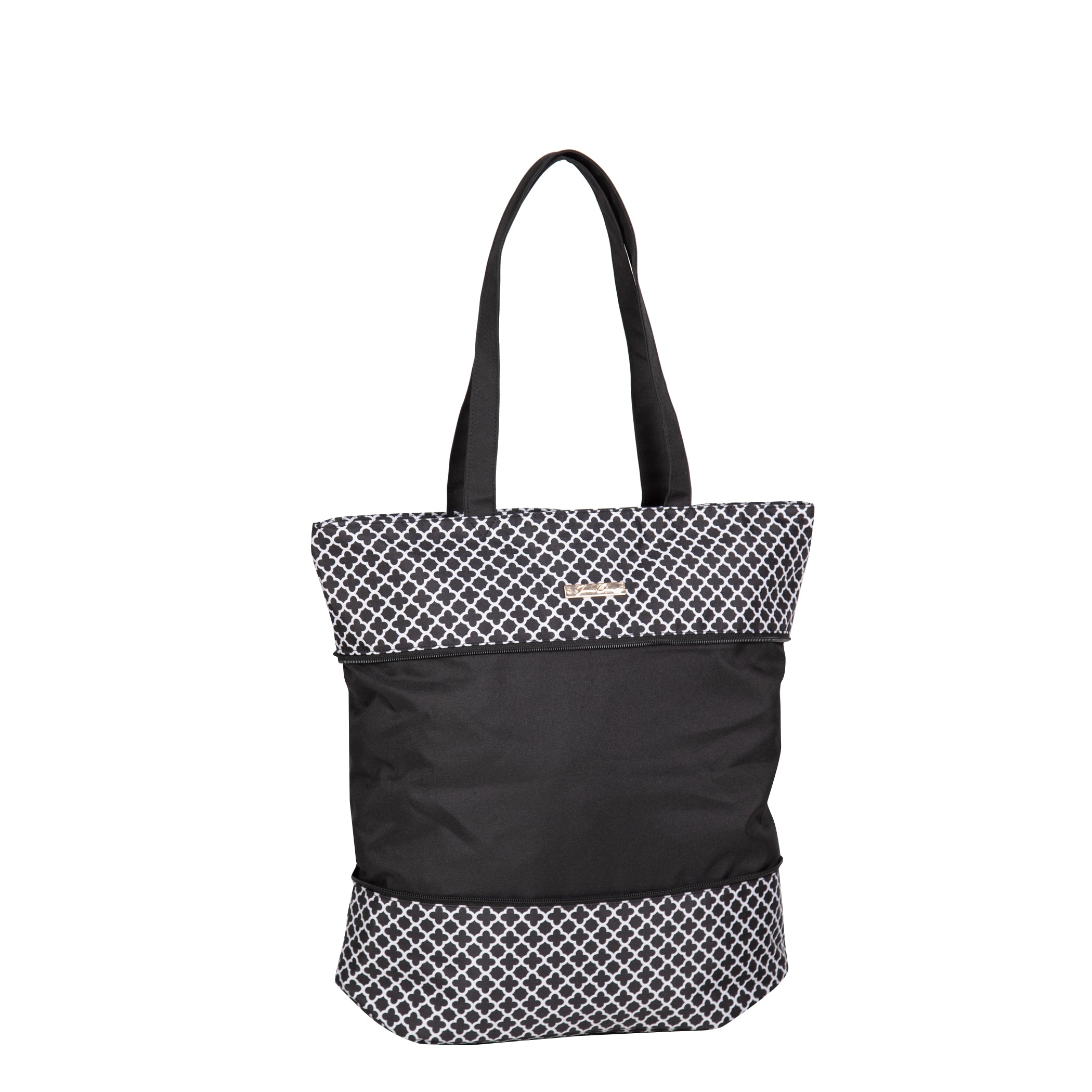 Black and white patterned tote bag on a white background