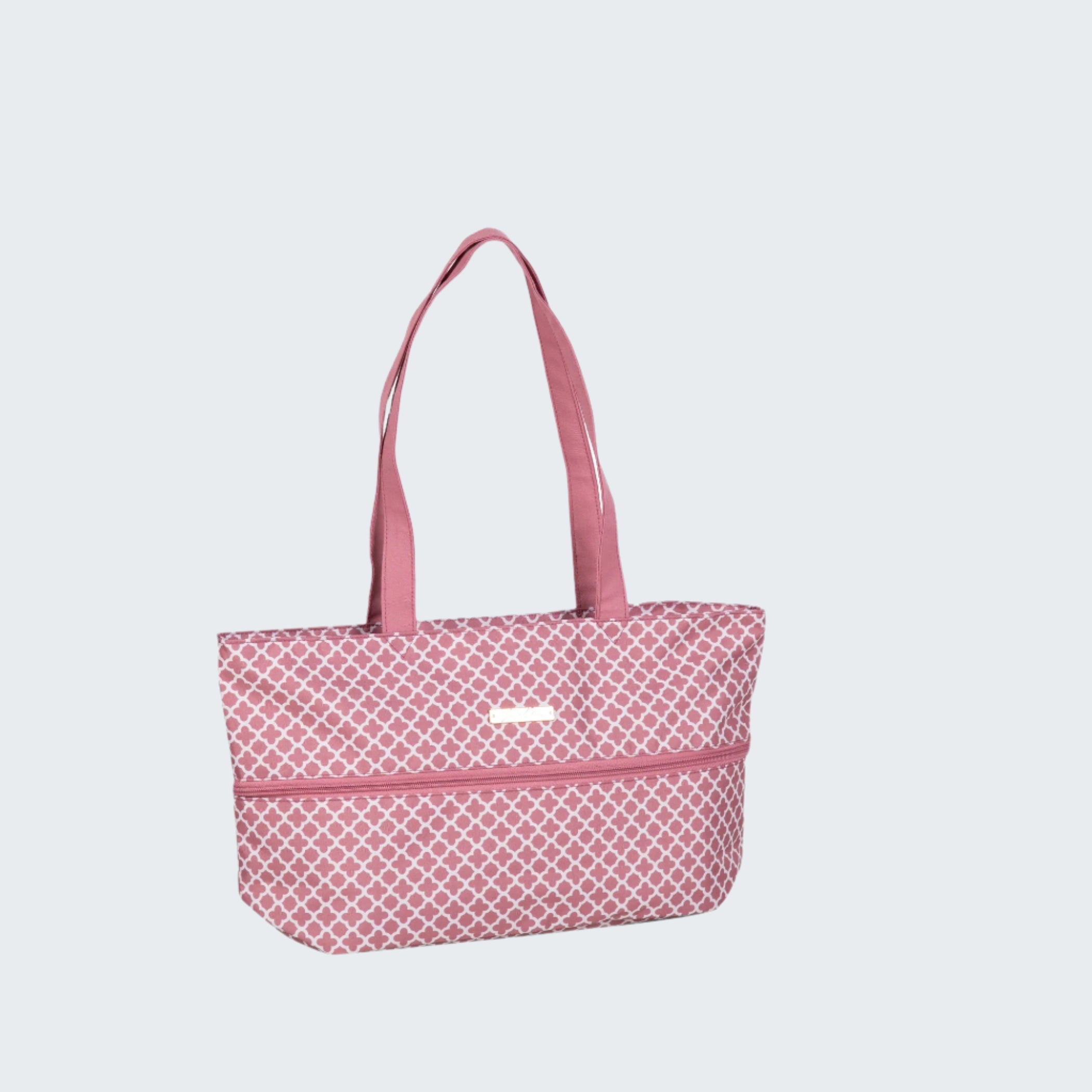 Pink patterned tote bag on a white background
