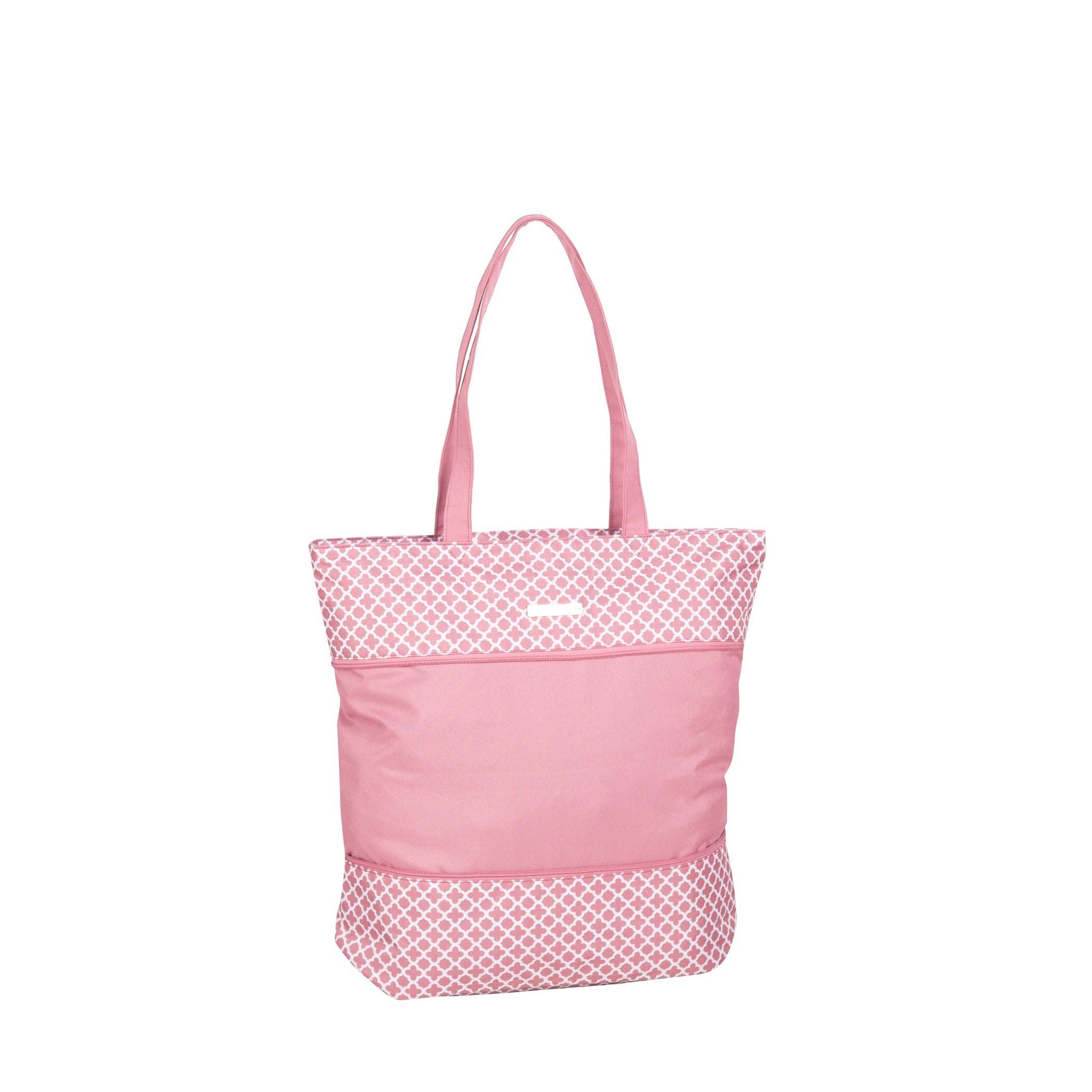 Pink tote bag with white geometric pattern on a white background