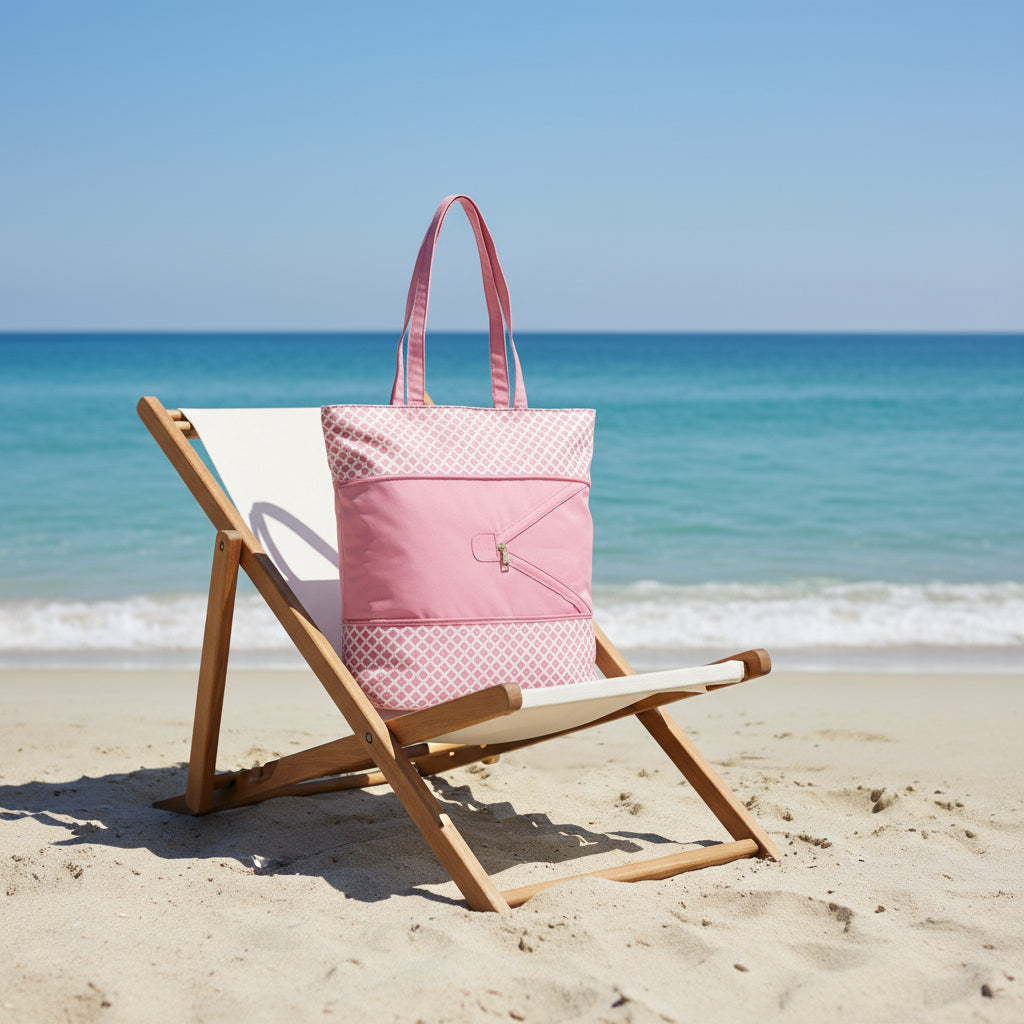 Pink tote bag with white geometric pattern on a white background