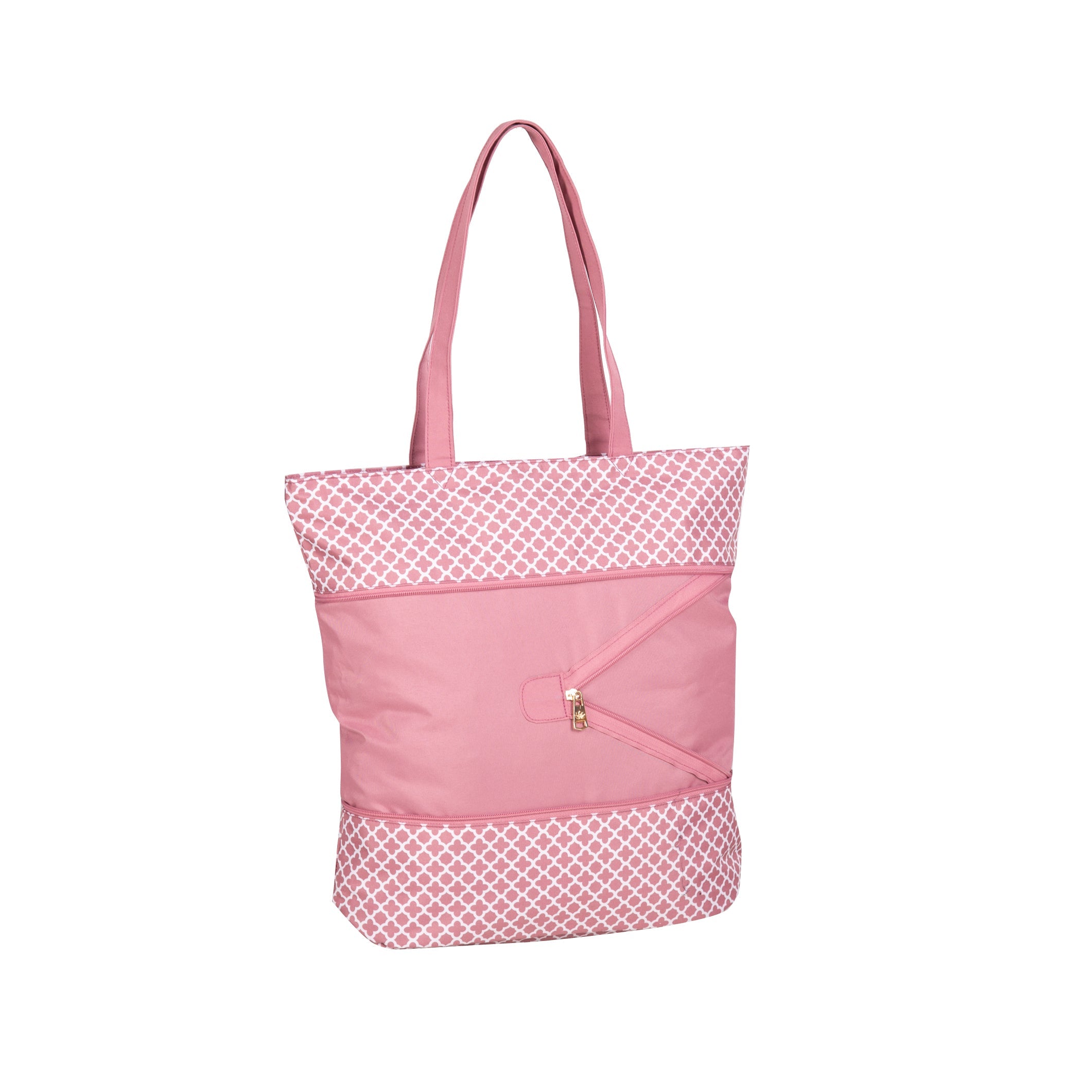 Pink tote bag with white geometric pattern on a white background