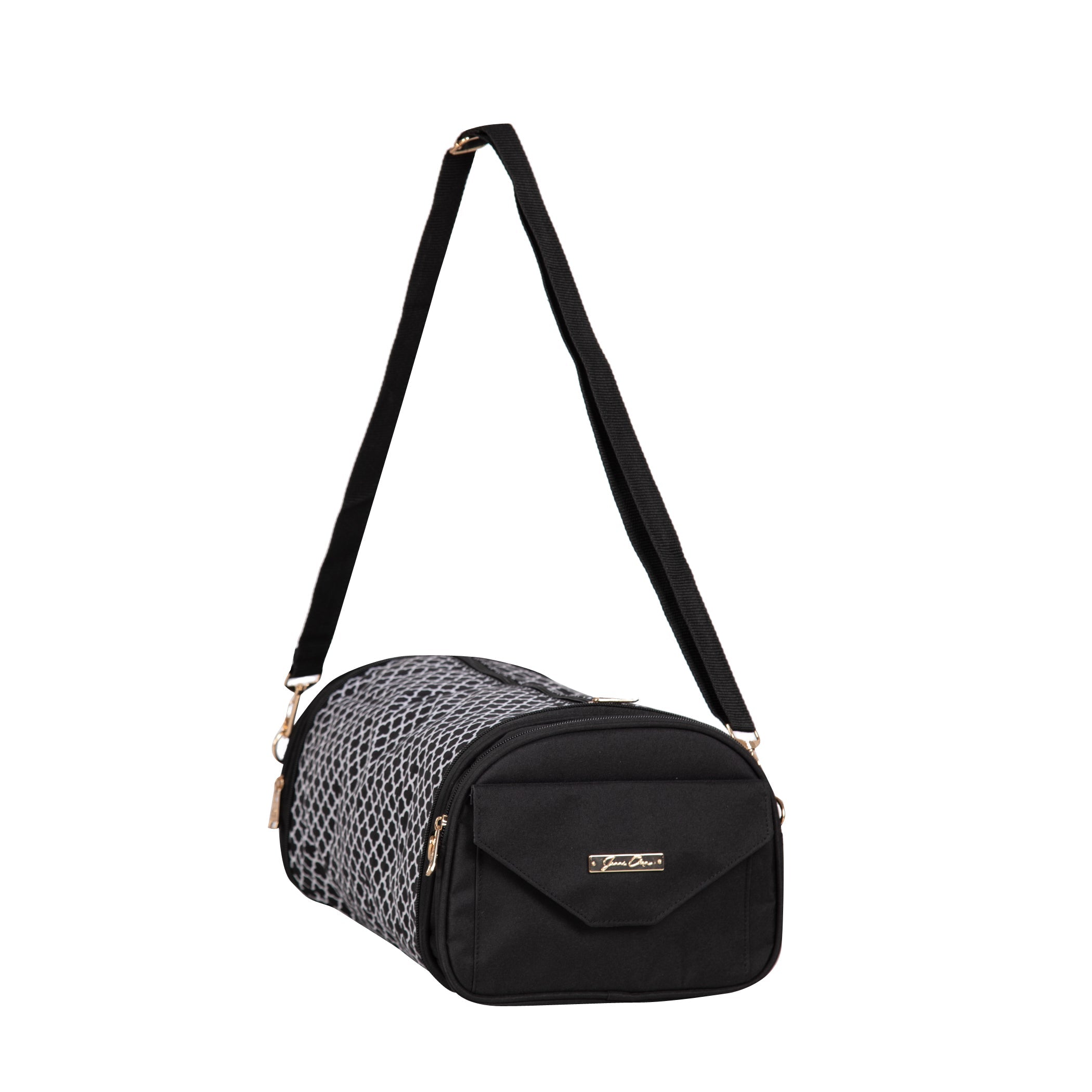 Black crossbody bag with a patterned bottom section on a white background