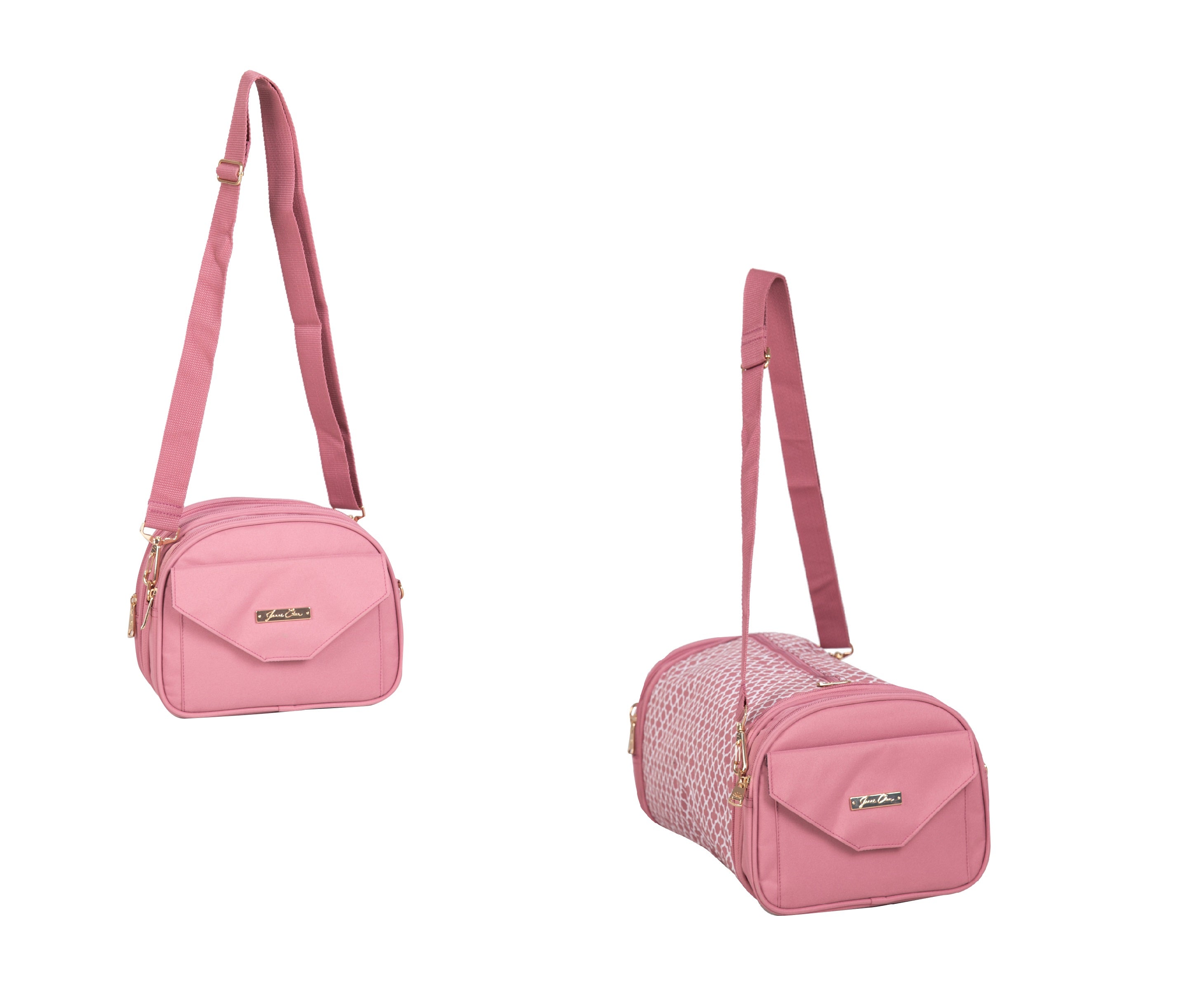 Two pink handbags with straps on a white background