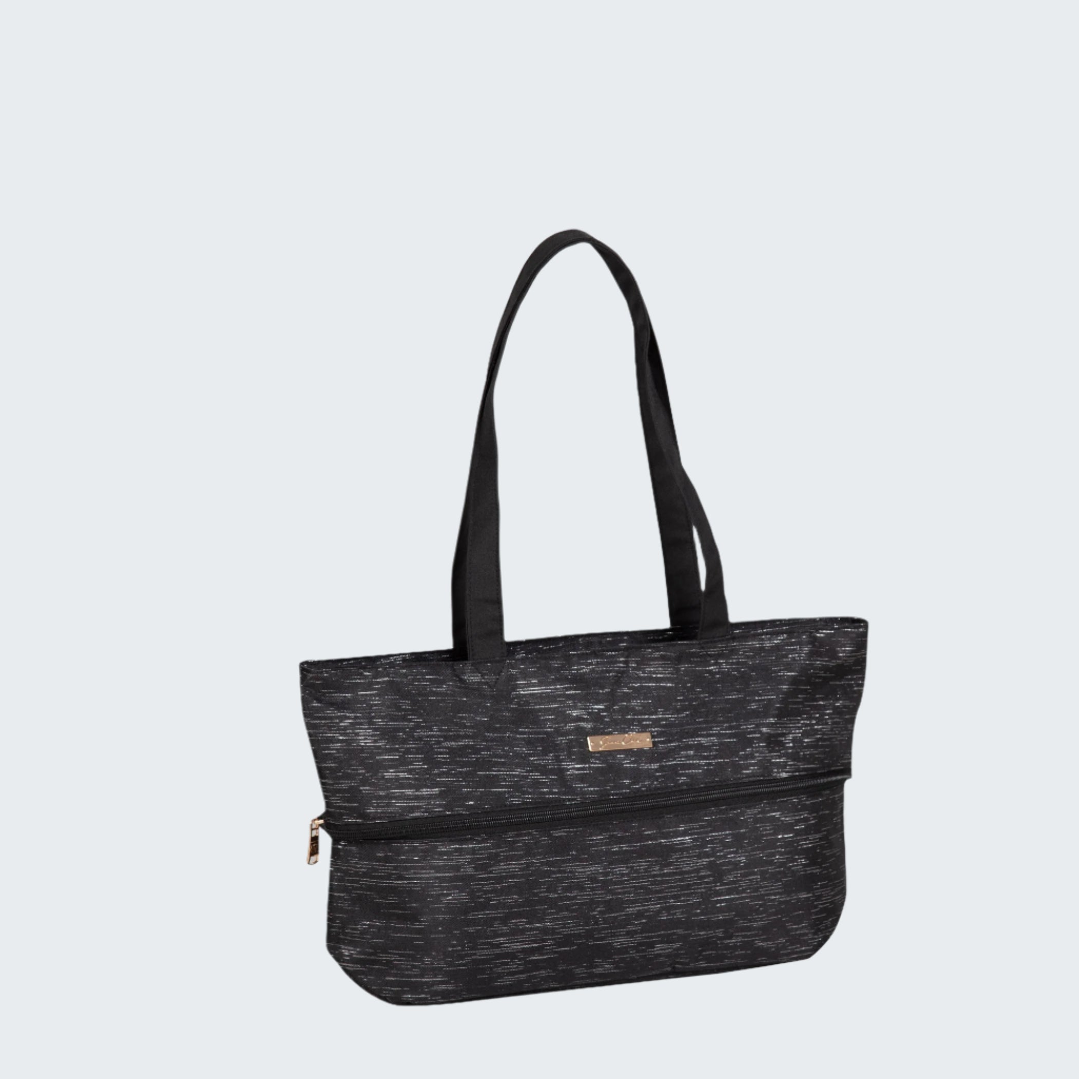 Black tote bag with a visible brand logo on a white background