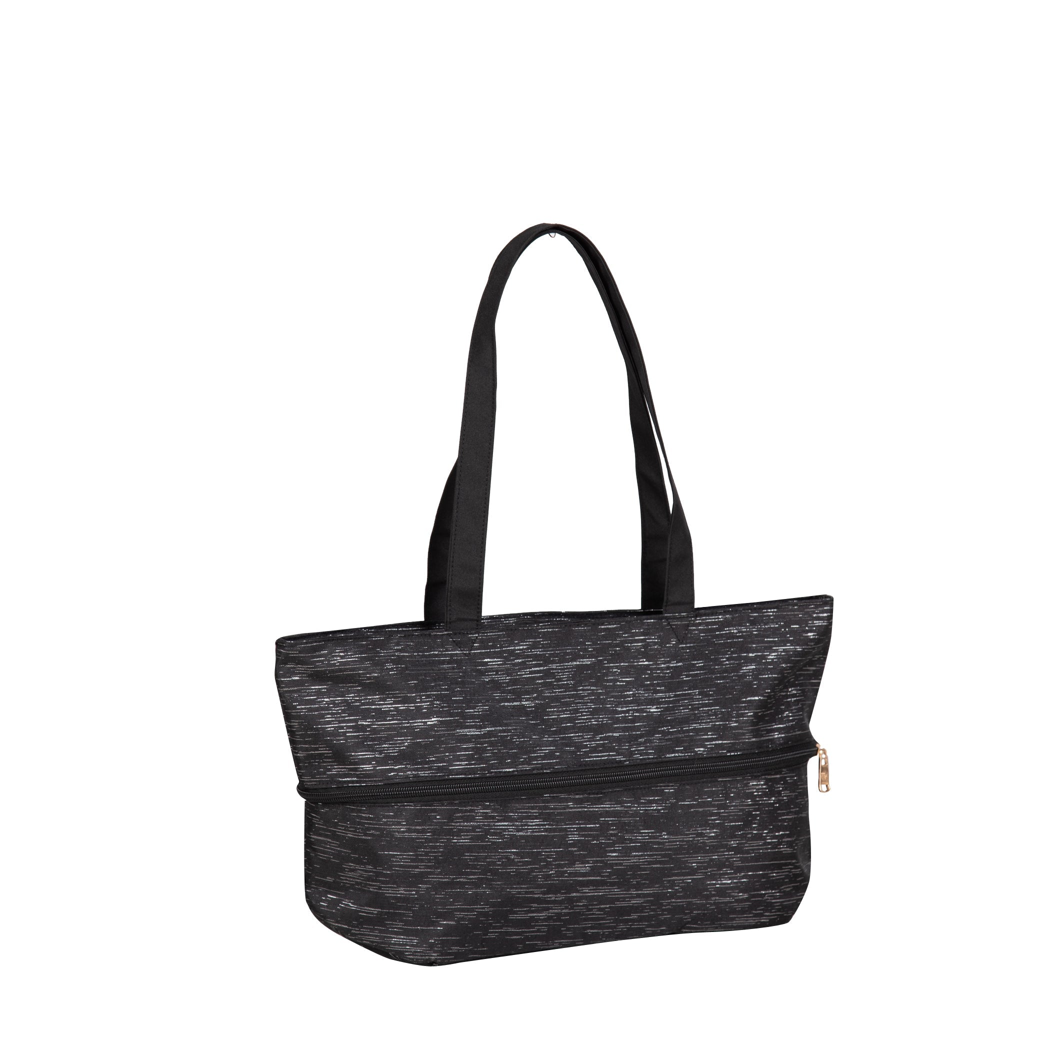 Black tote bag with a strap on a white background