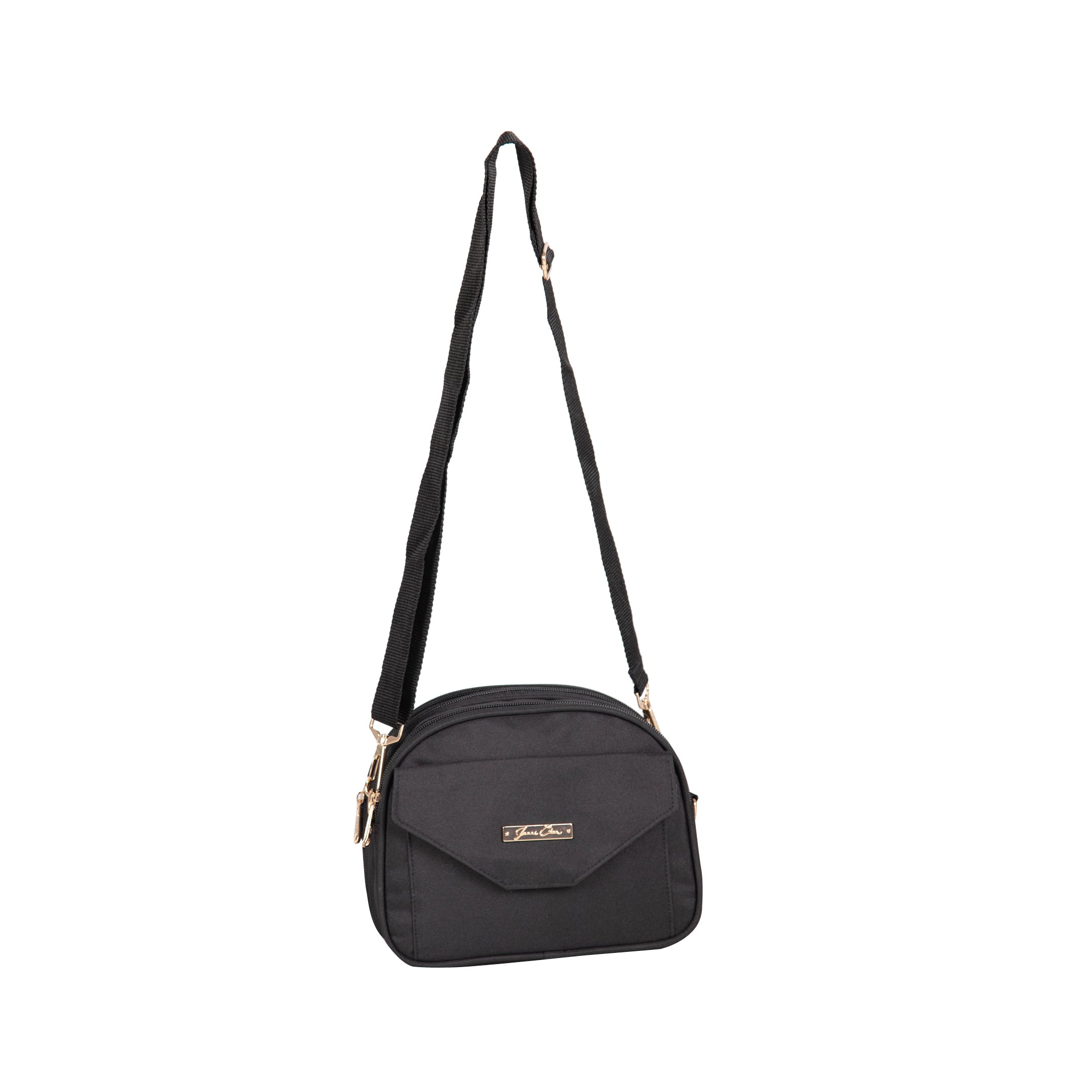 Black crossbody bag on a white background
