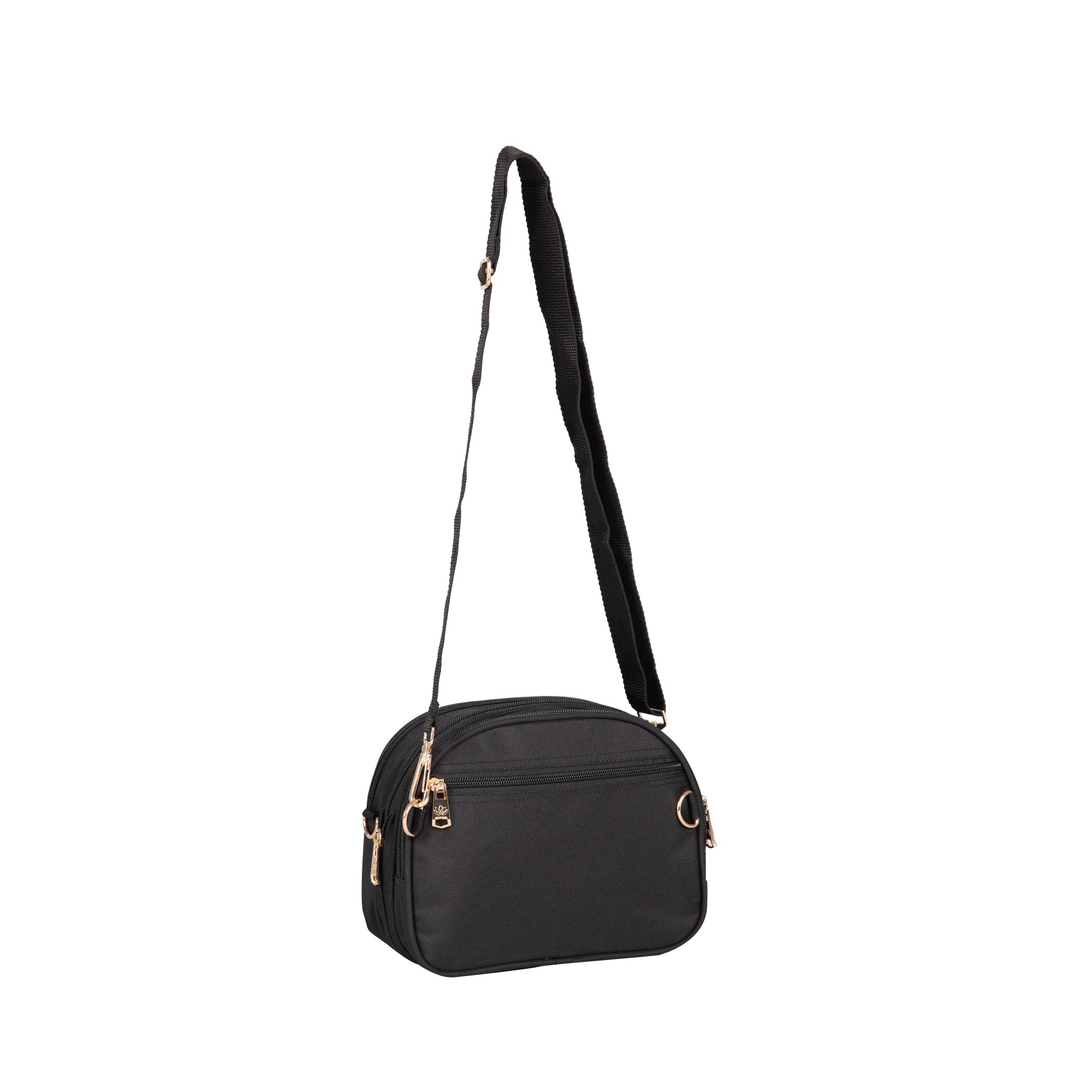 Black shoulder bag with gold accents on a white background
