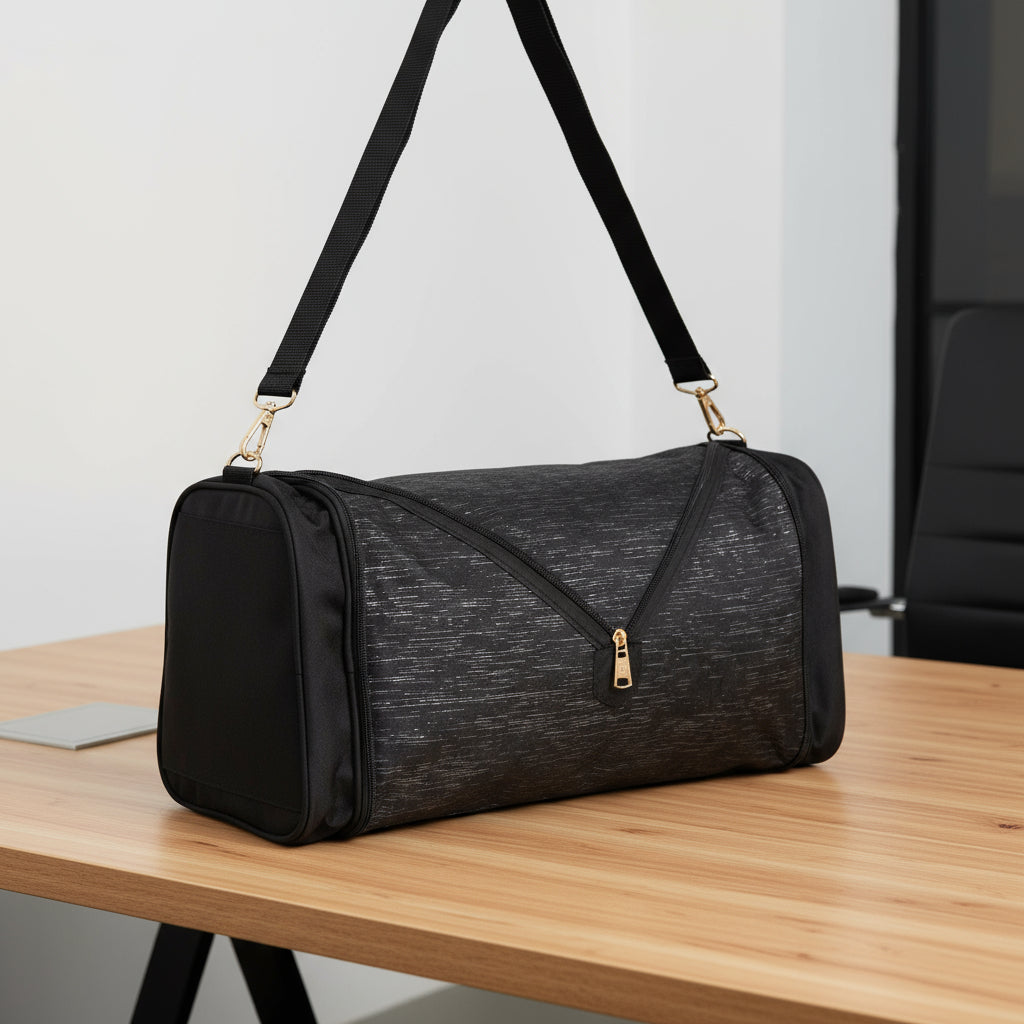 Black duffel bag with a strap on a white background