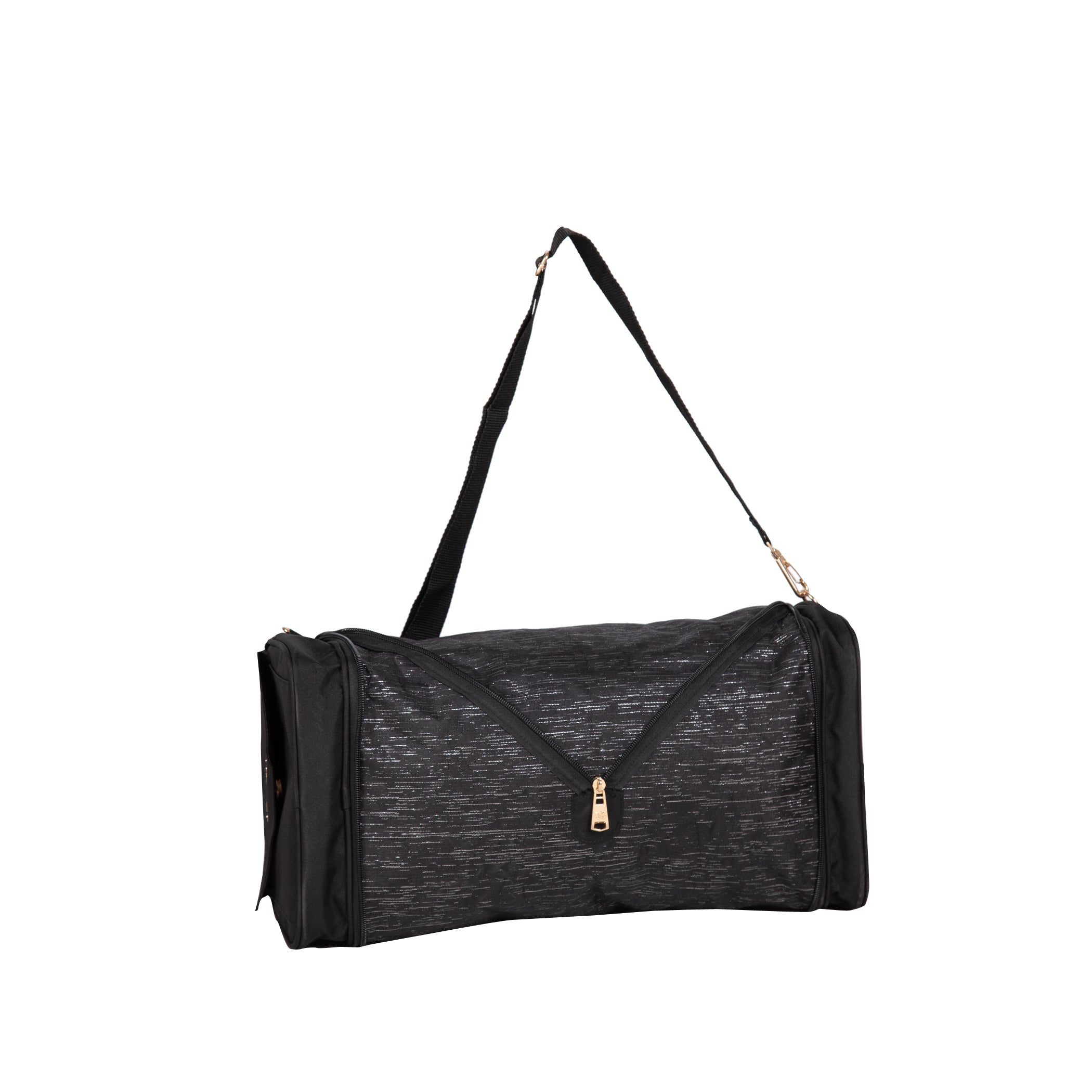 Black duffel bag with a strap on a white background