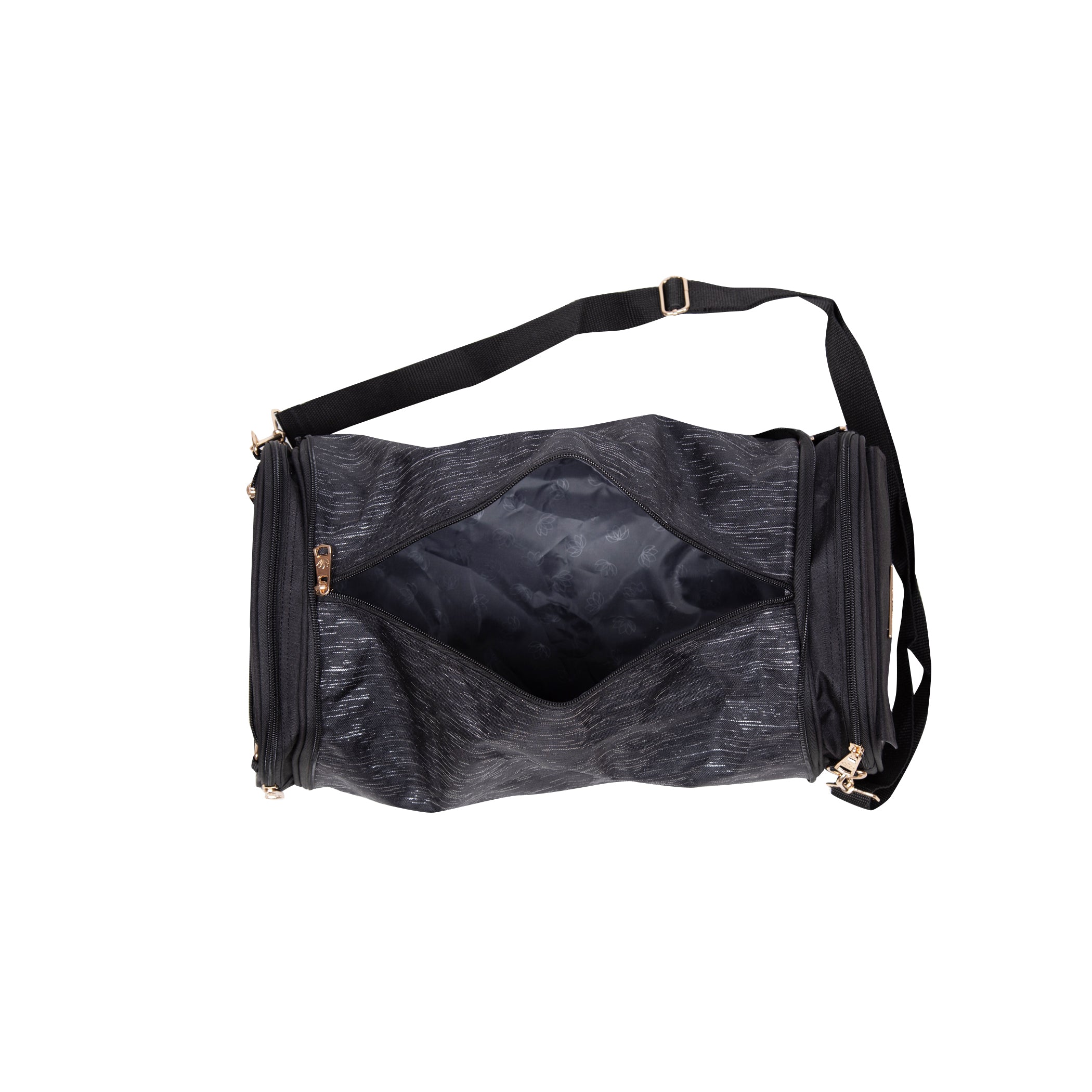 Black patterned bag with a strap on a white background