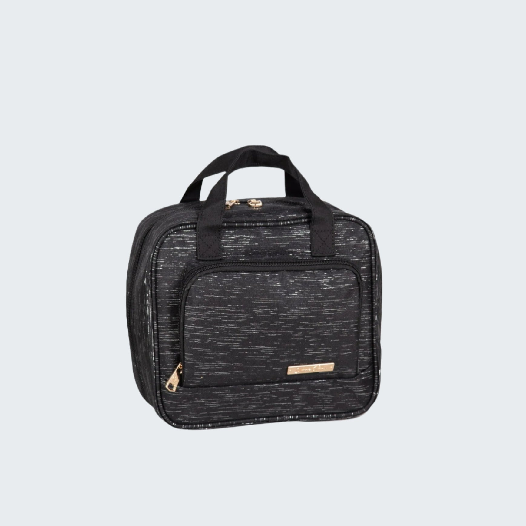 Black travel bag with a handle on a white background
