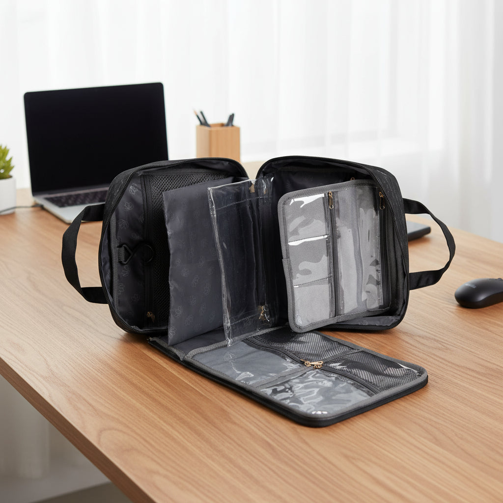 Black travel bag with clear compartments on a white background