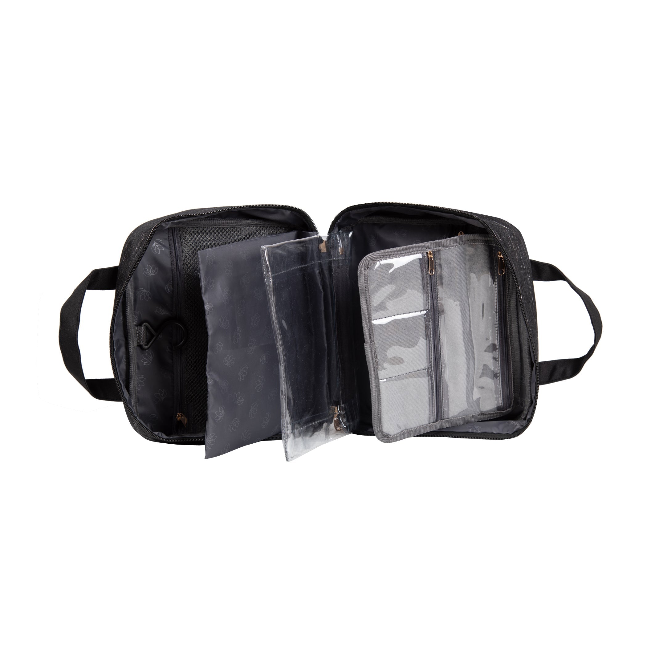Black travel bag with clear compartments on a white background